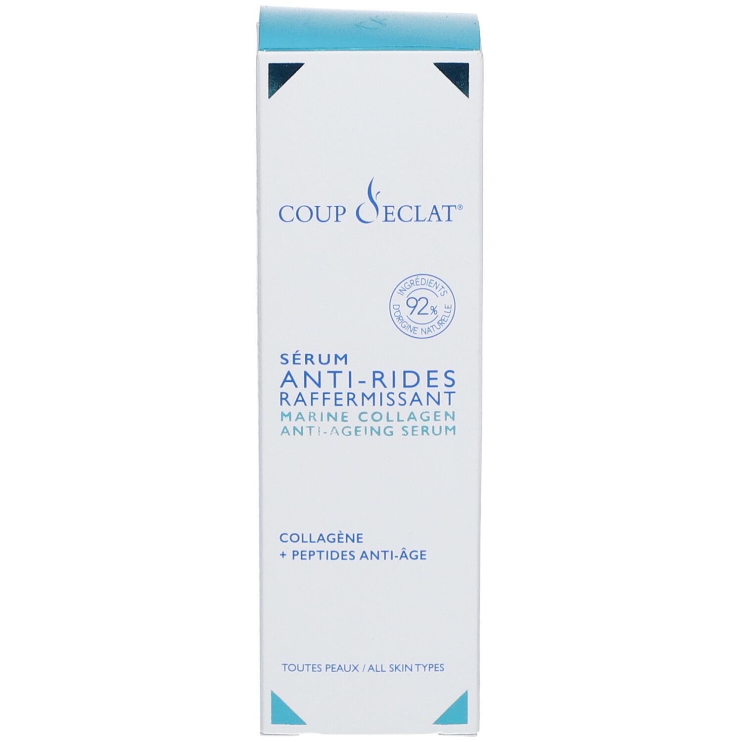 Produktverpackung. Aufschrift: COUP D'ECLAT, Anti-Falten Serum, Kollagen, Peptide. Für alle Hauttypen. Mit Qualitätszeichen.