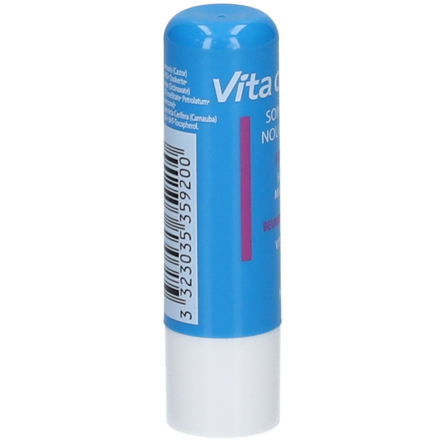Stick à lèvres bleu avec base blanche. Nom du produit et détails en blanc. Code-barres et ingrédients au dos.