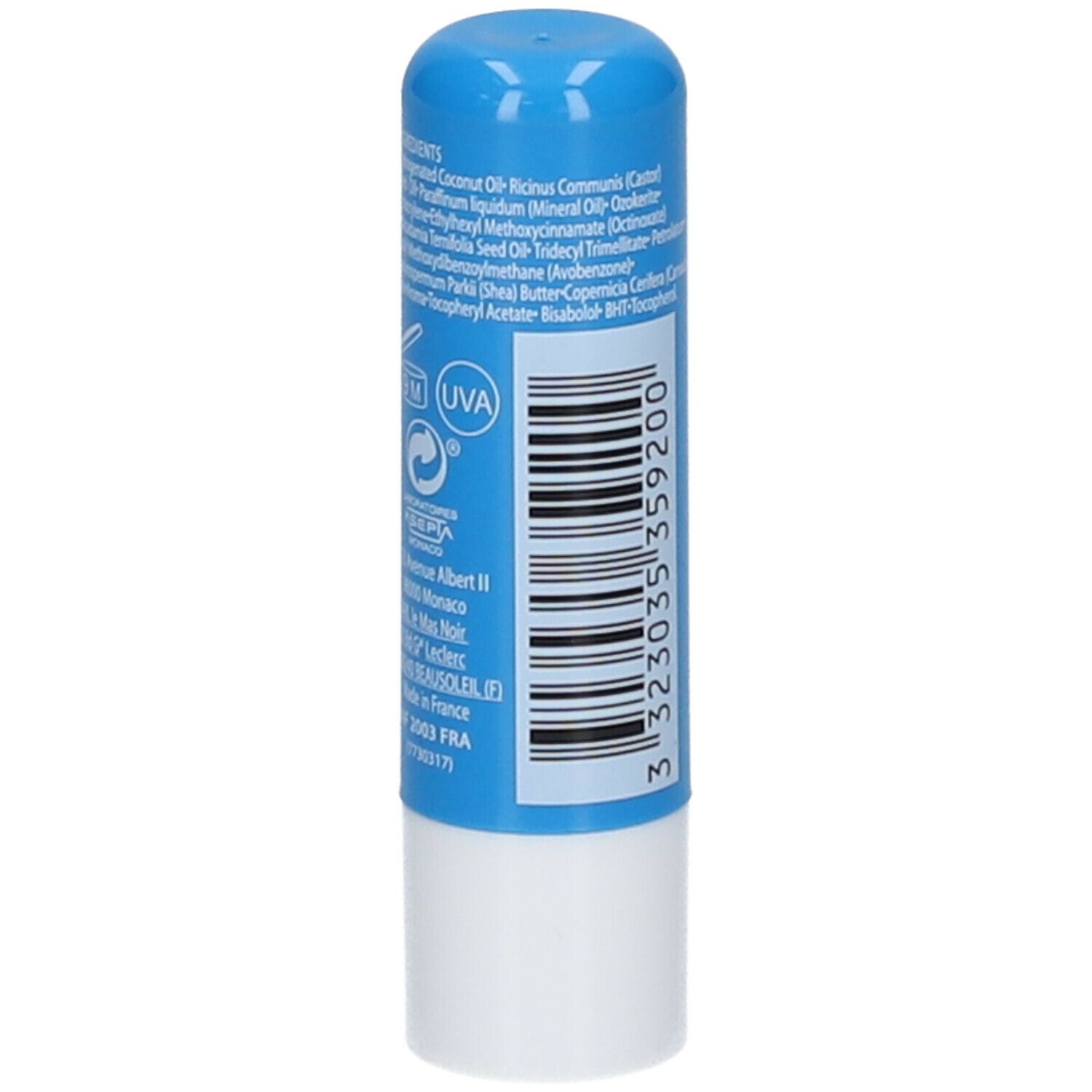 Stick à lèvres bleu avec base blanche. Ingrédients, logo UVA et informations du fabricant au dos.