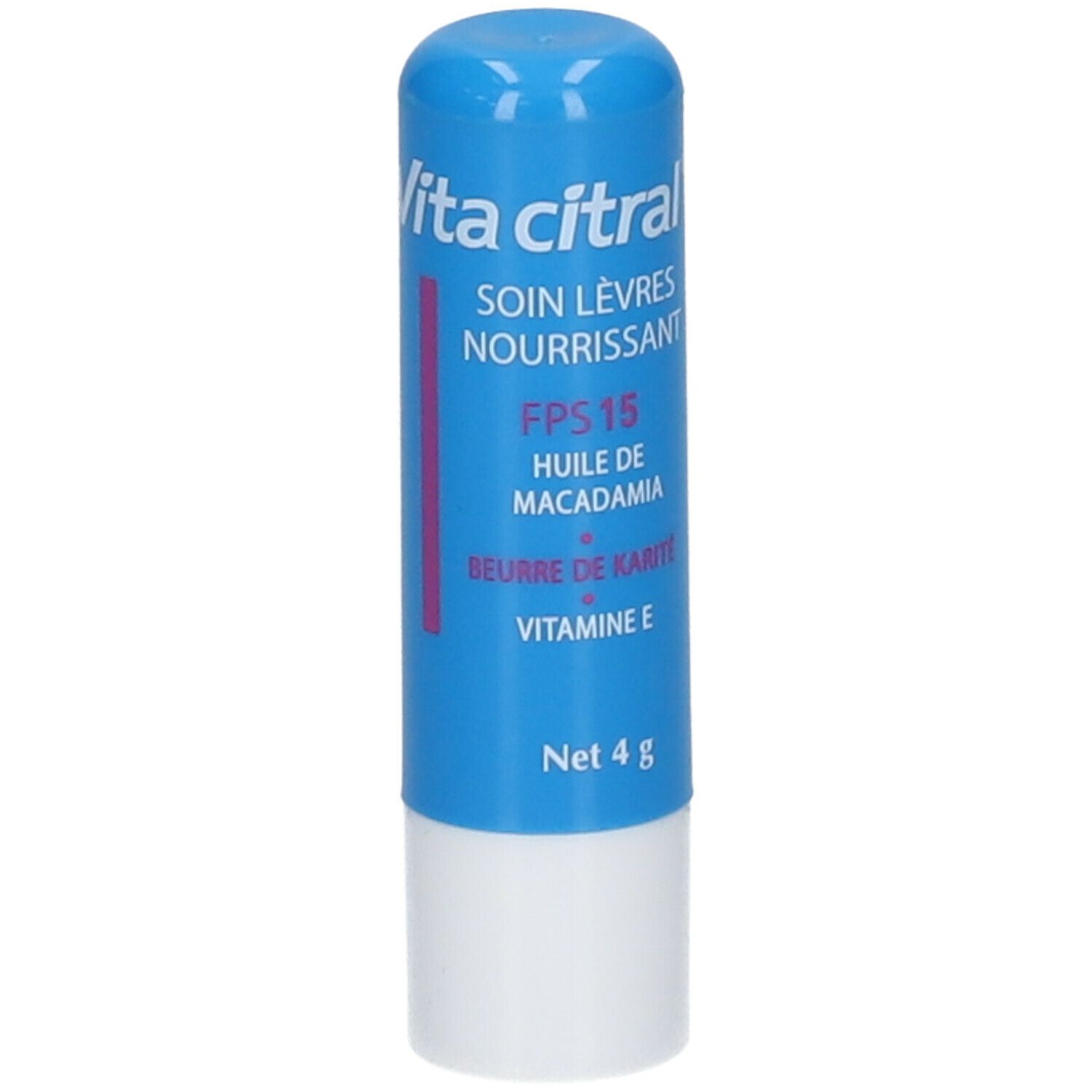 Stick à lèvres bleu et base blanche. Nom du produit et détails en blanc. Contient SPF 15, huile de macadamia, beurre de karité et vitamine E.