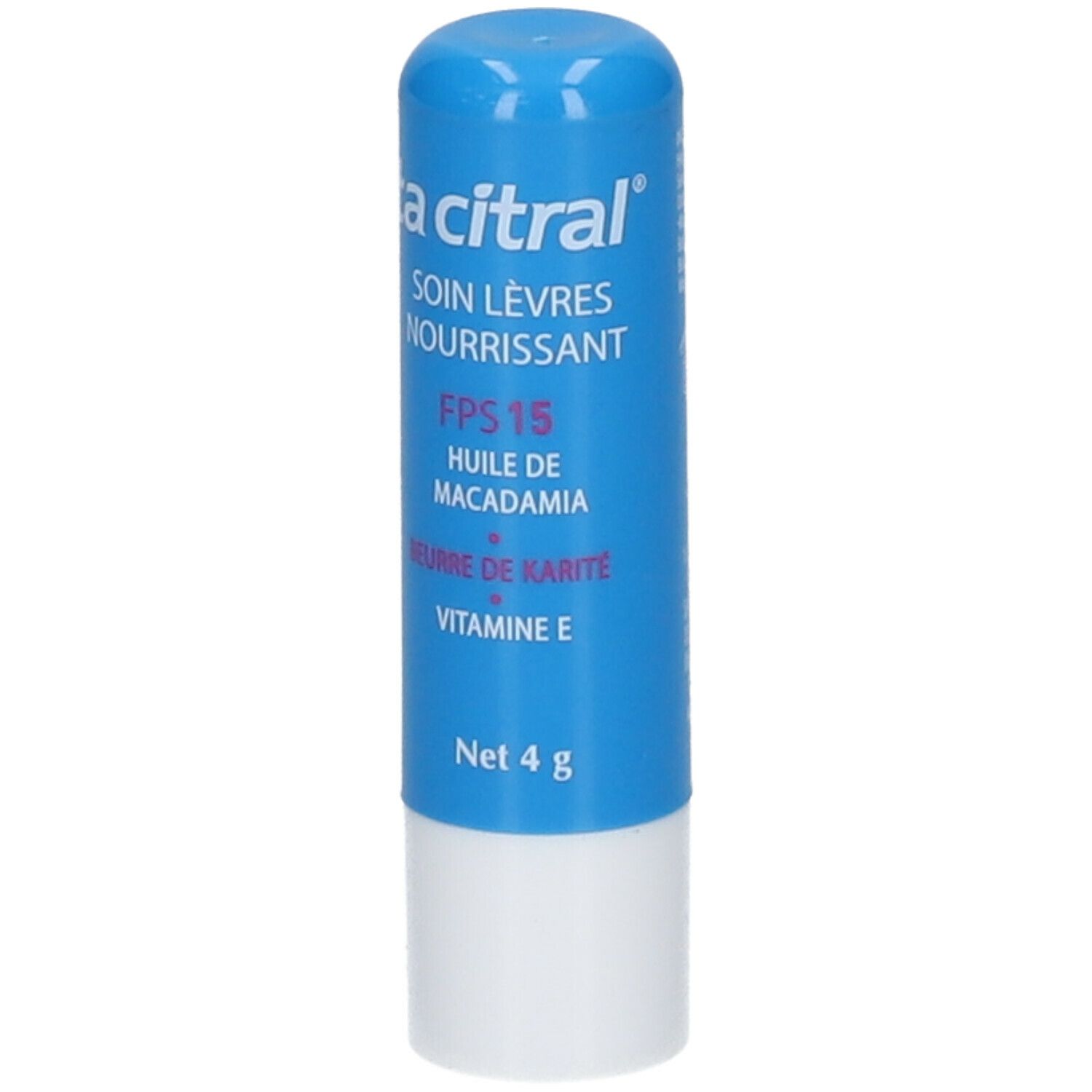 Stick à lèvres bleu et base blanche. Nom du produit et détails en blanc. Contient SPF 15, huile de macadamia, beurre de karité et vitamine E.