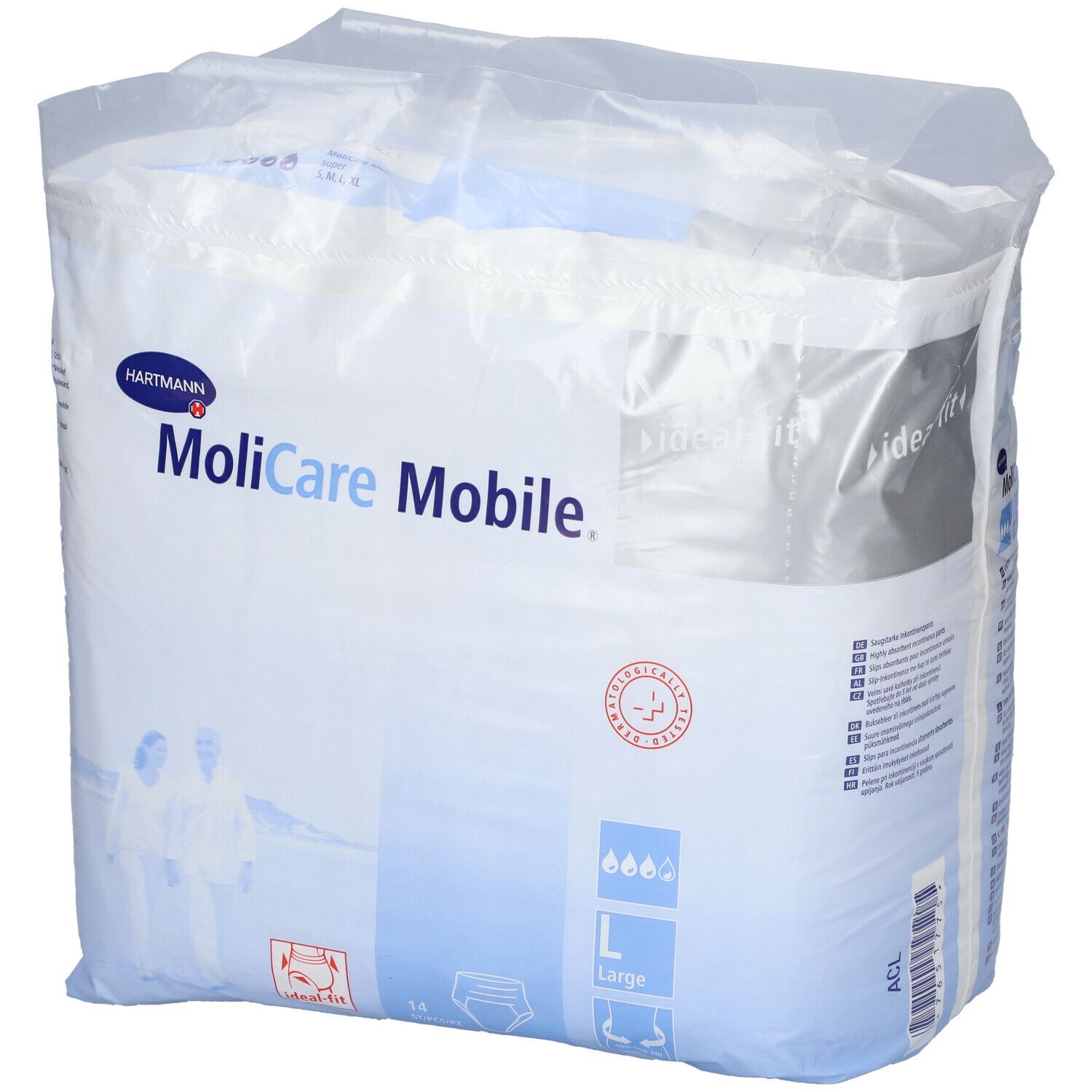 Emballage Hartmann MoliCare Mobile, taille L. Film transparent. Logo, nom du produit et pictogrammes.