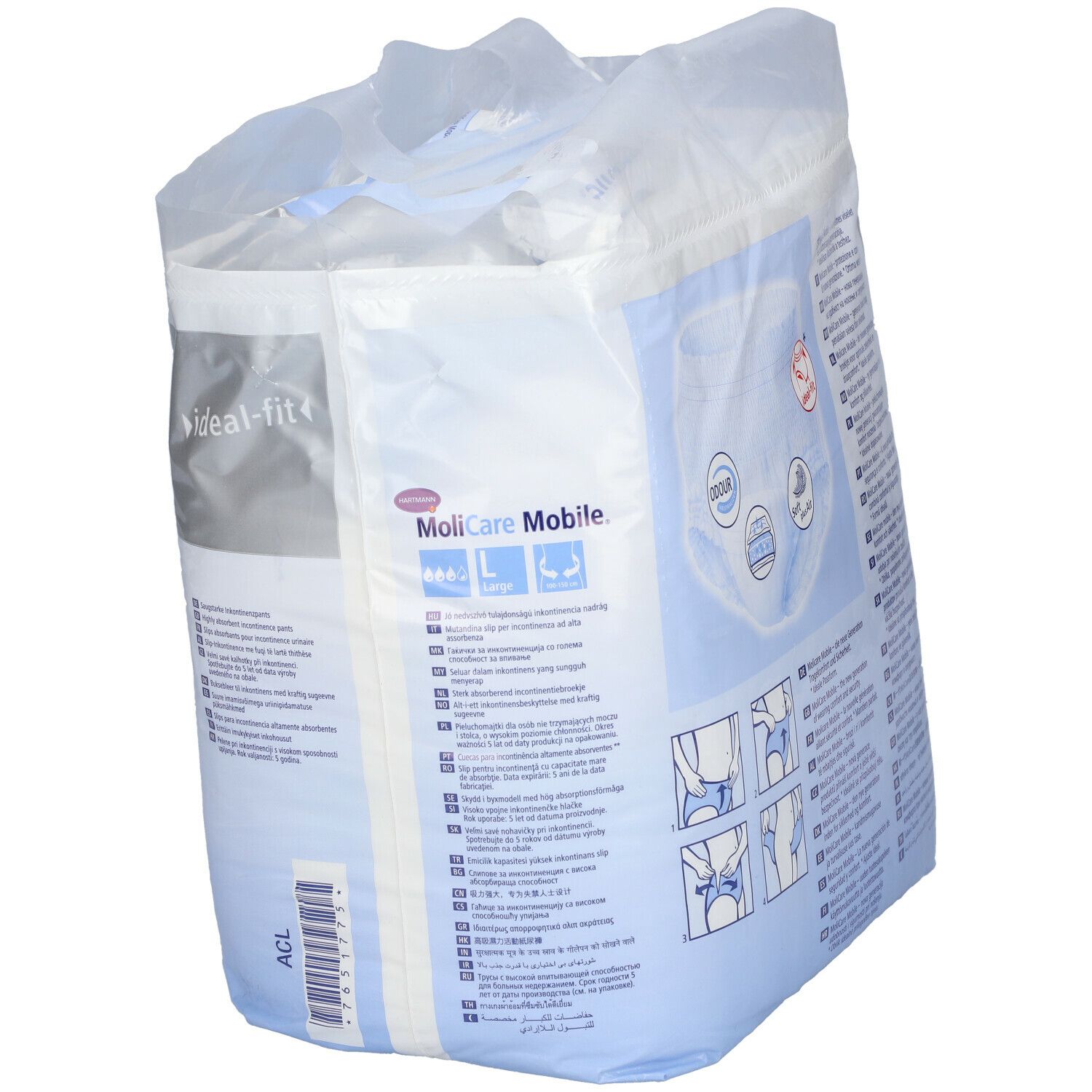 Emballage Hartmann MoliCare Mobile, taille L. Pictogrammes, informations produit et numéro de référence.