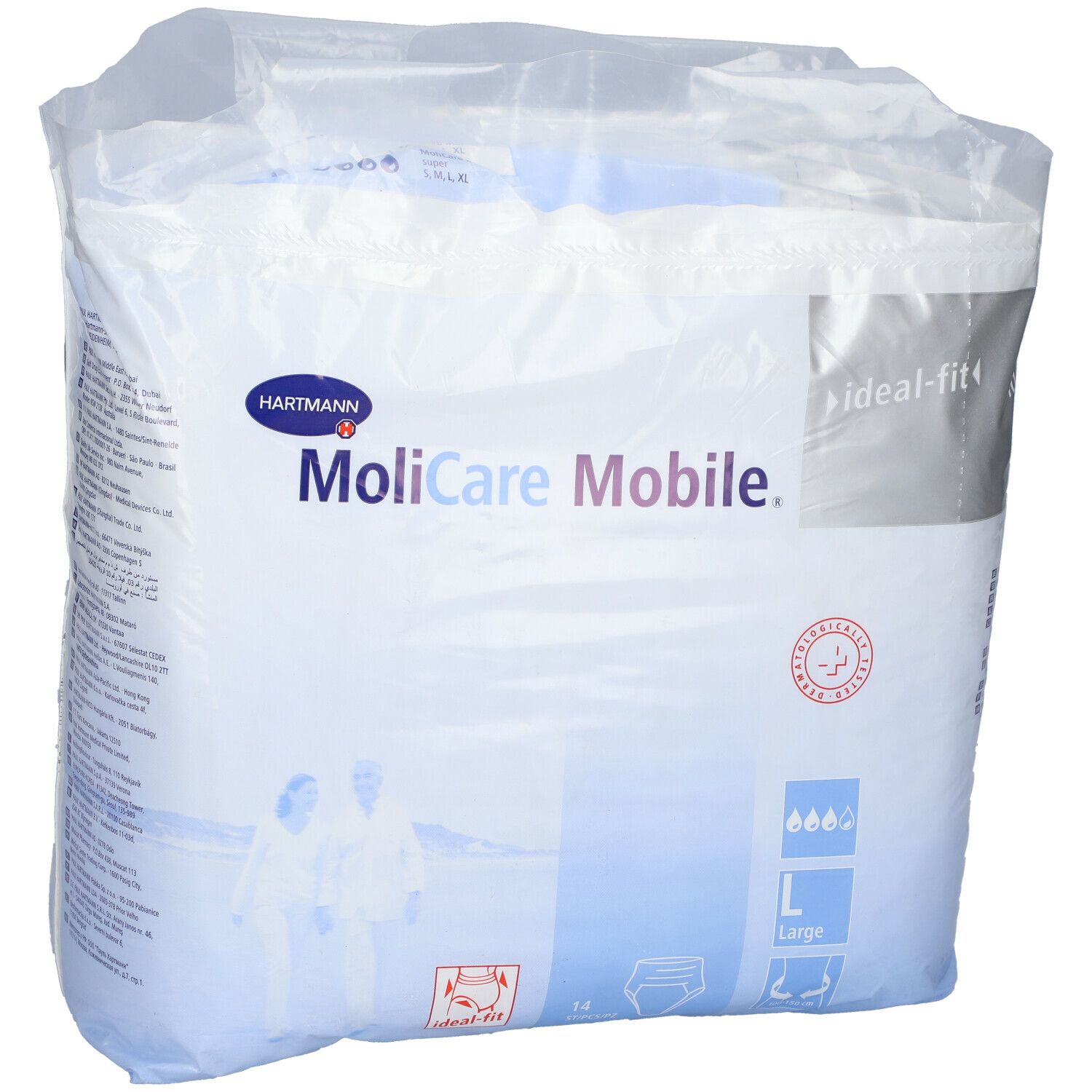 Emballage Hartmann MoliCare Mobile, taille L. Logo, nom du produit, pictogrammes et informations produit.