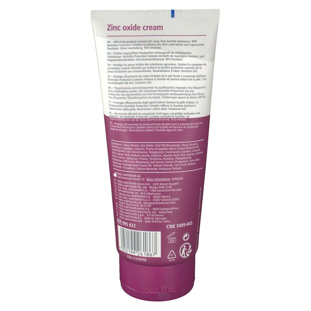 Rückseite der Tube. Enthält Produktinformationen, Inhaltsstoffe und Herstellerangaben. Farbgebung: weiß-lila.
