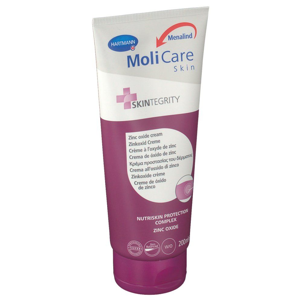 Creme-Tube, weiß-lila, mit Produktnamen und Inhaltsangaben. Enthält Zinkoxid. Marke: MoliCare Skin.