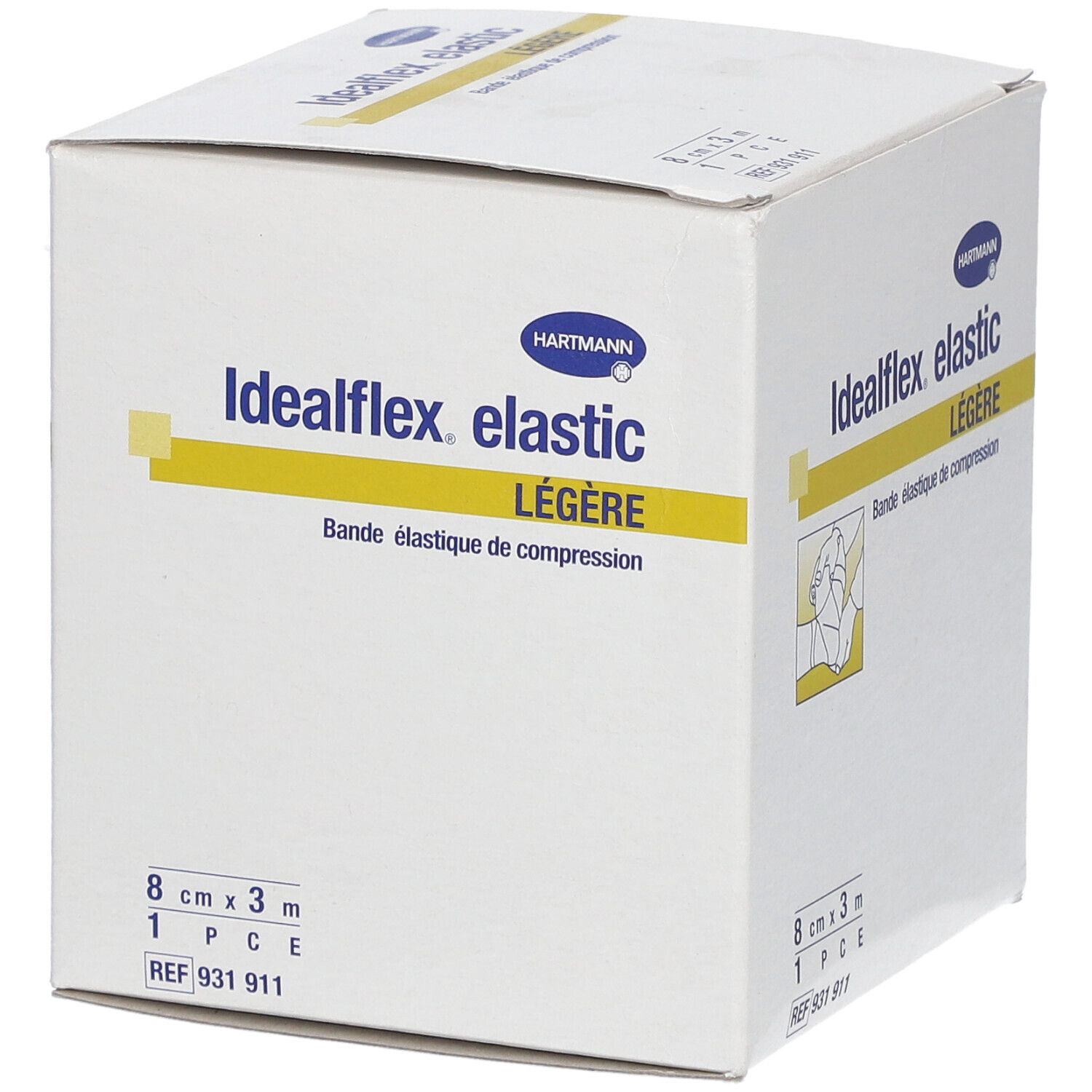 Boîte blanche Idealflex elastic Légère, 8 cm x 3 m. Inscriptions : Hartmann, bandage, 1 pièce, REF 931 911.