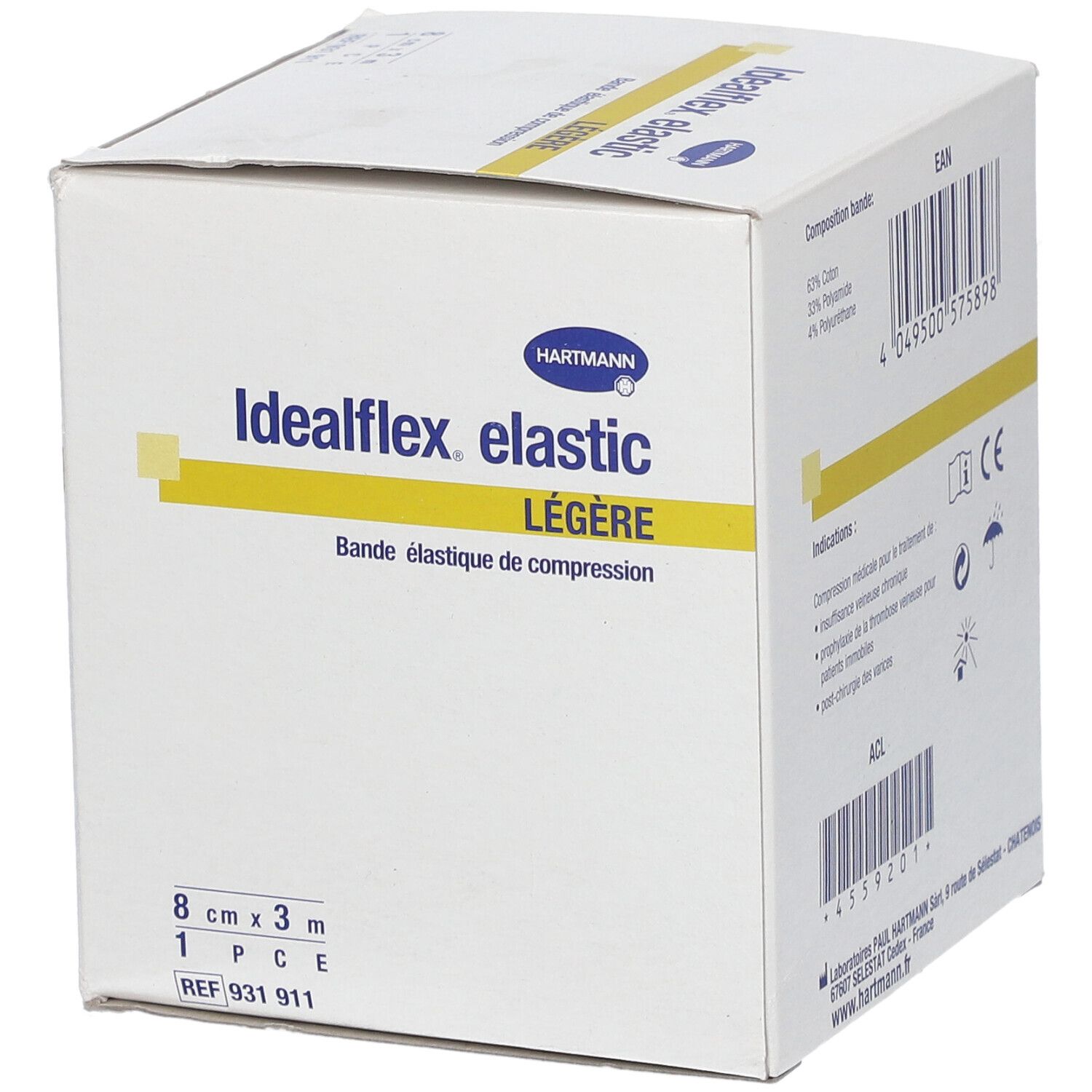 Boîte blanche Idealflex elastic Légère, 8 cm x 3 m. Inscriptions : Hartmann, bandage, 1 pièce, REF 931 911.