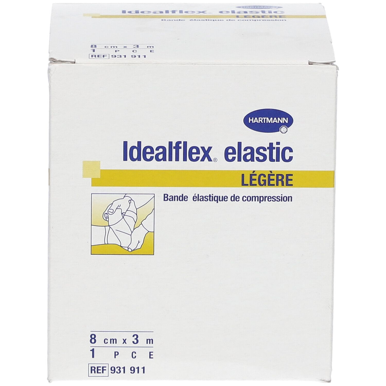 Boîte blanche Idealflex elastic Légère, 8 cm x 3 m. Inscriptions : Hartmann, bandage, 1 pièce, REF 931 911.