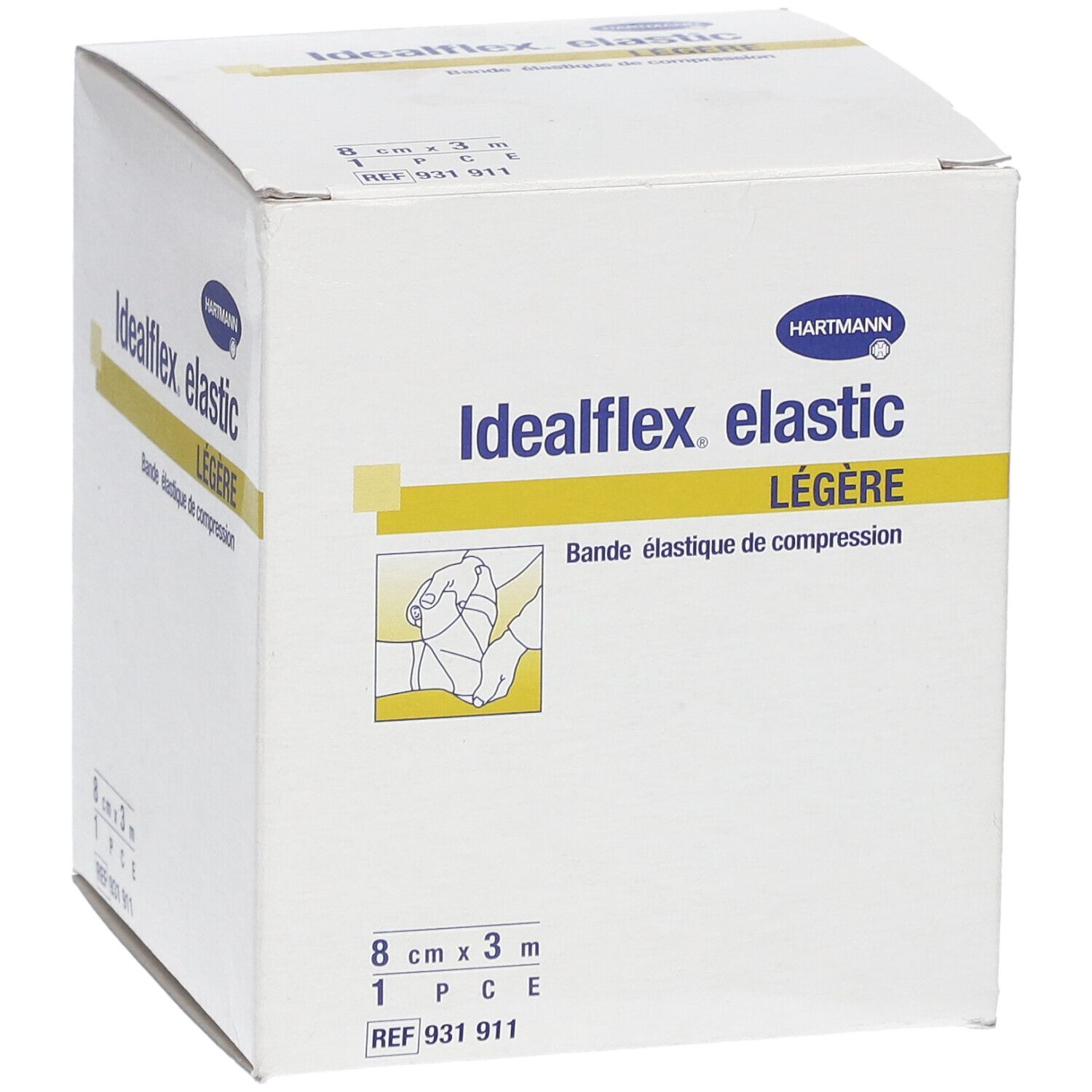 Boîte blanche Idealflex elastic Légère, 8 cm x 3 m. Inscriptions : Hartmann, bandage, 1 pièce, REF 931 911.