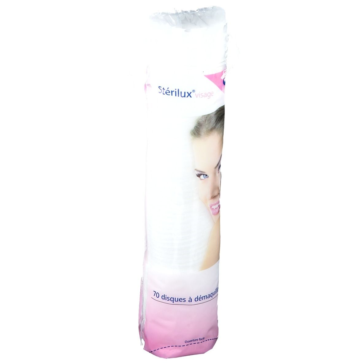 Zylindrische Verpackung mit Abschminktüchern. Aufdruck mit Produktnamen, Frauengesicht und Text.
