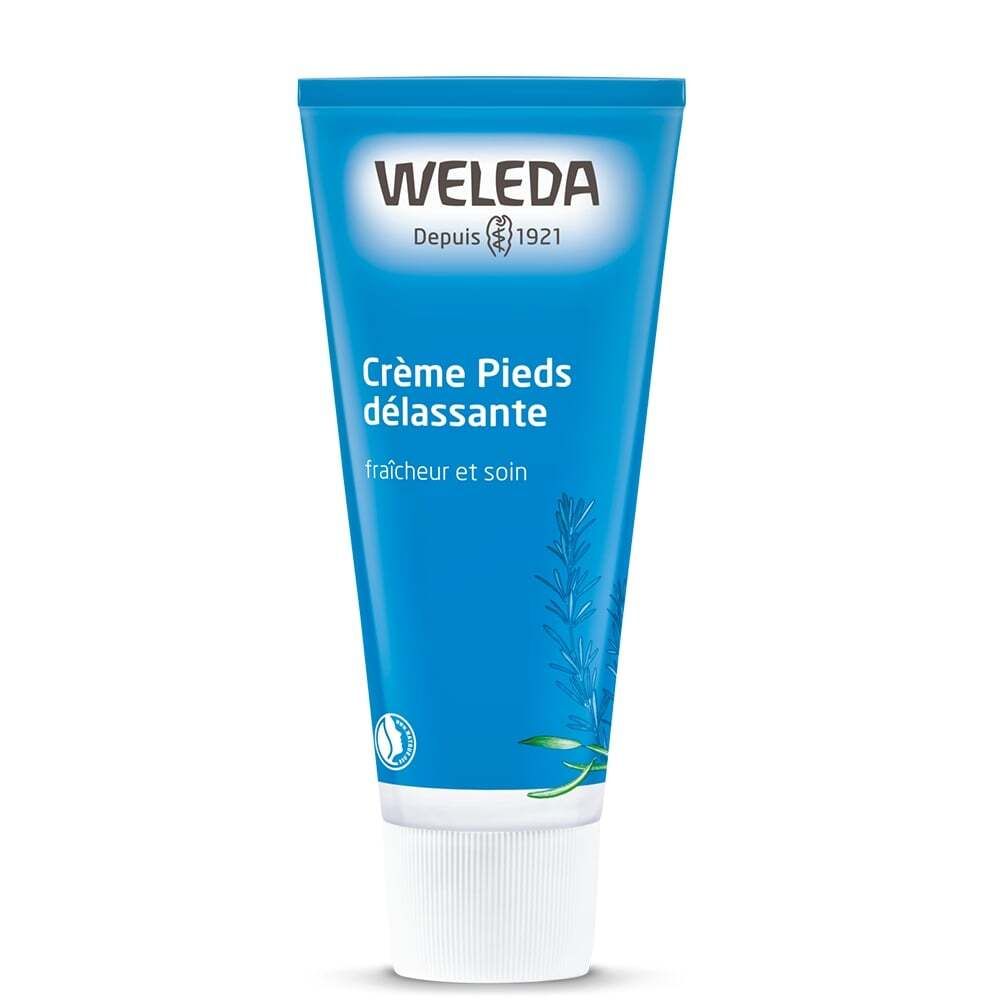Blaue Tube mit Produktnamen und Logo. Text: Crème Pieds délassante, fraîcheur et soin. Weleda Logo.