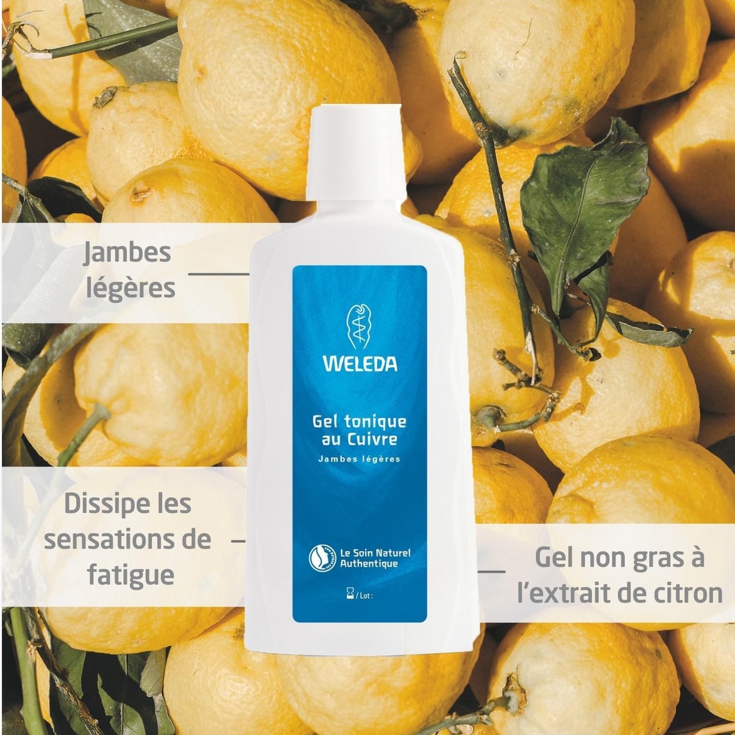 Flacon Weleda devant citrons. Texte: Gel tonique au Cuivre, Jambes légères. Dissipe les sensations de fatigue.
