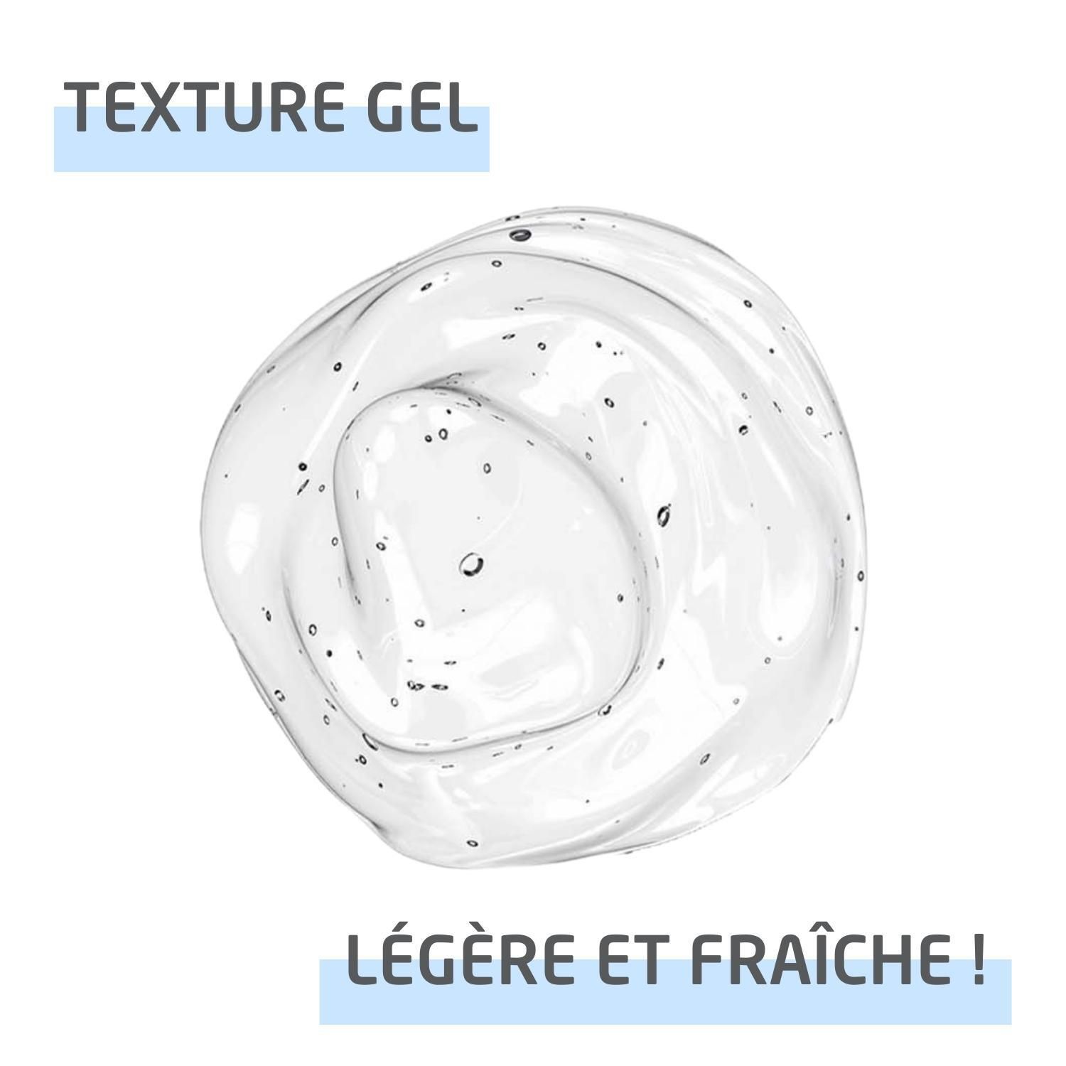 Goutte de gel transparent. Texte: Texture Gel. Légère et fraîche!