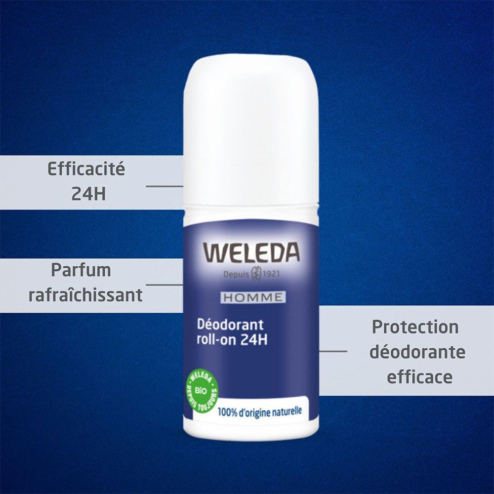 Déodorant roll-on 24H Weleda pour hommes. Bouteille blanche avec étiquette bleue. Caractéristiques du produit et marque visibles.