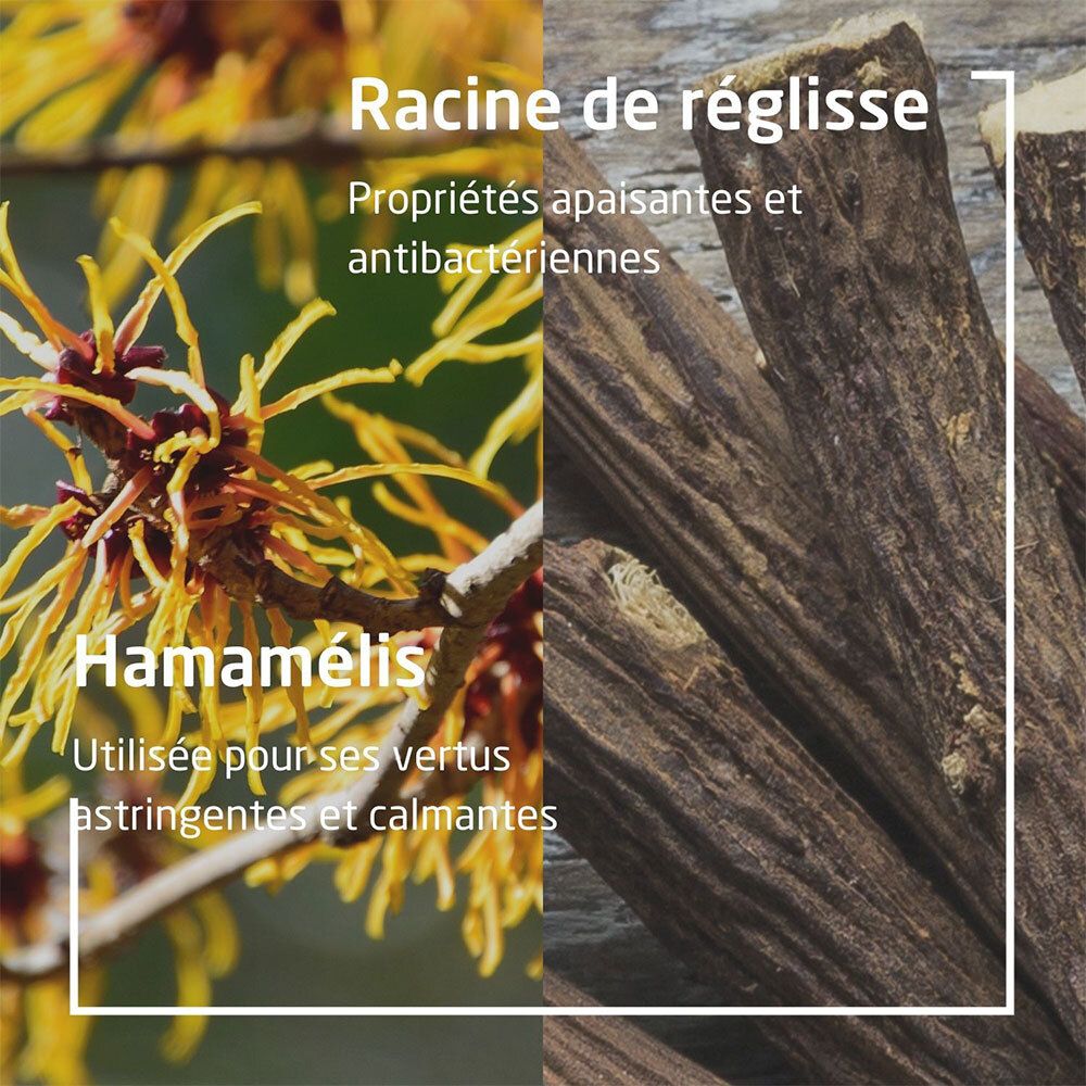 Gros plan sur les ingrédients végétaux. À gauche, Hamamélis, à droite, réglisse. Texte décrivant les propriétés.
