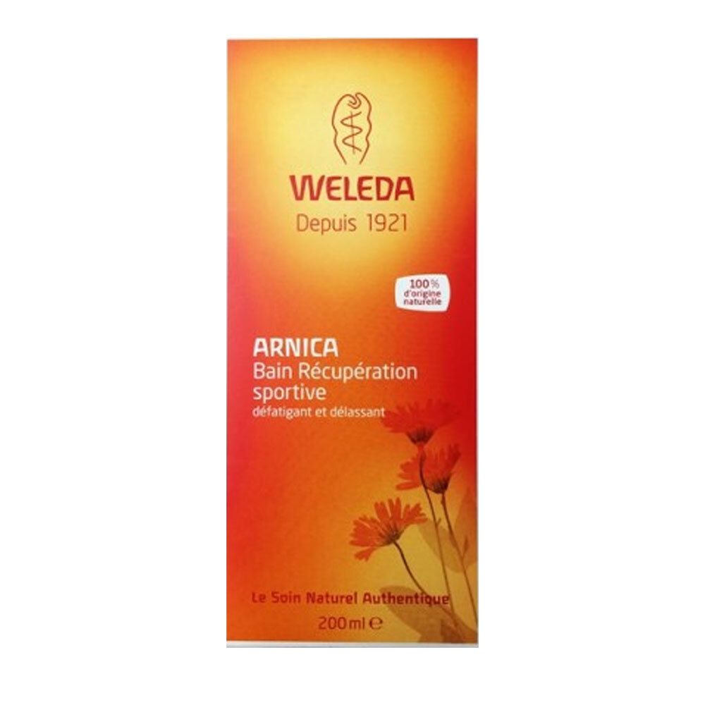 Emballage orange. Logo Weleda, nom du produit Arnica. Texte: Bain Récupération sportive. 200ml.
