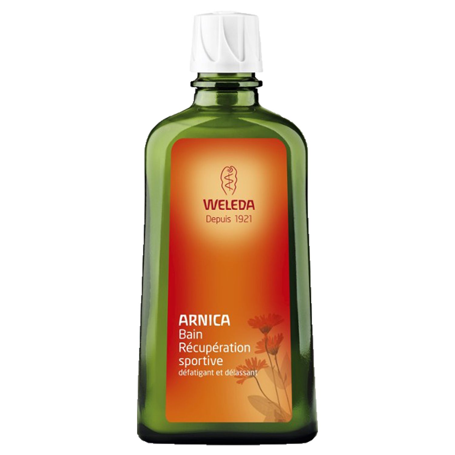 Bouteille verte avec bouchon blanc. Logo Weleda, nom du produit Arnica. Texte: Bain Récupération sportive.