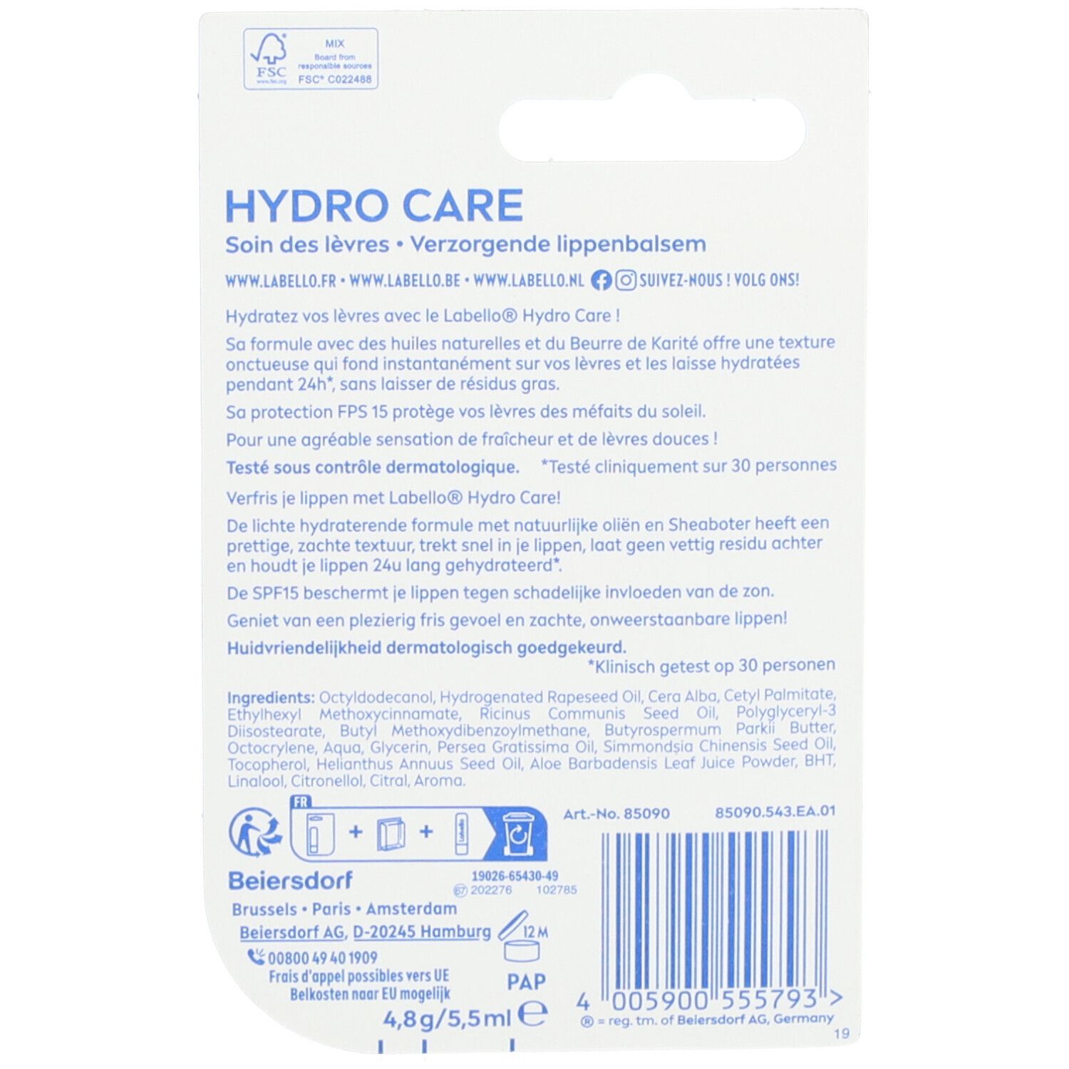 Dos de l'emballage Labello Hydro Care. Contient des informations sur les ingrédients, l'utilisation et le fabricant.