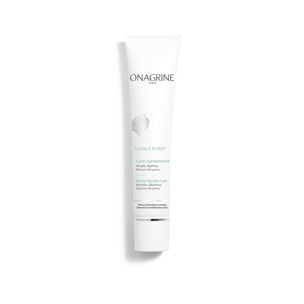 Tube blanc avec produit. Inscription: ONAGRINE PARIS, VISIBLY PURE, FLUIDE JOUR PERFECTIONNEUR. Avec bouchon.