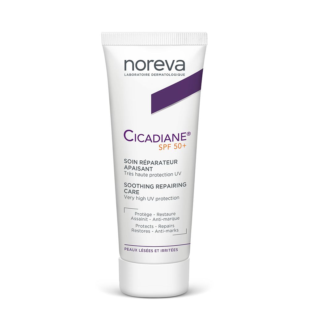 Weiße Tube mit Produktaufdruck. Marke Noreva, Produktname Cicadiane SPF 50+. Text: Soin Réparateur Apaisant.