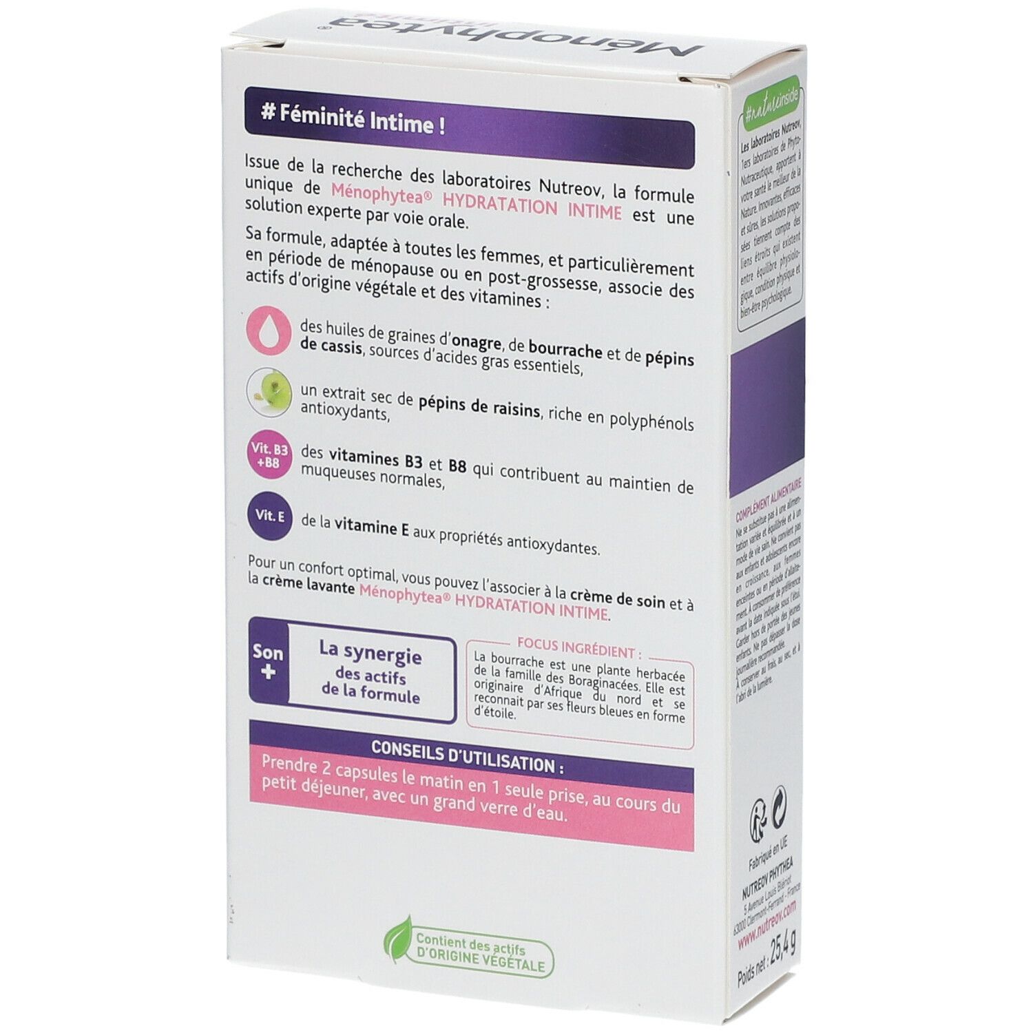 Dos de la boîte Menophytea Intimité Hydratation. Blanc, avec texte et informations. Texte: #Féminité Intime!