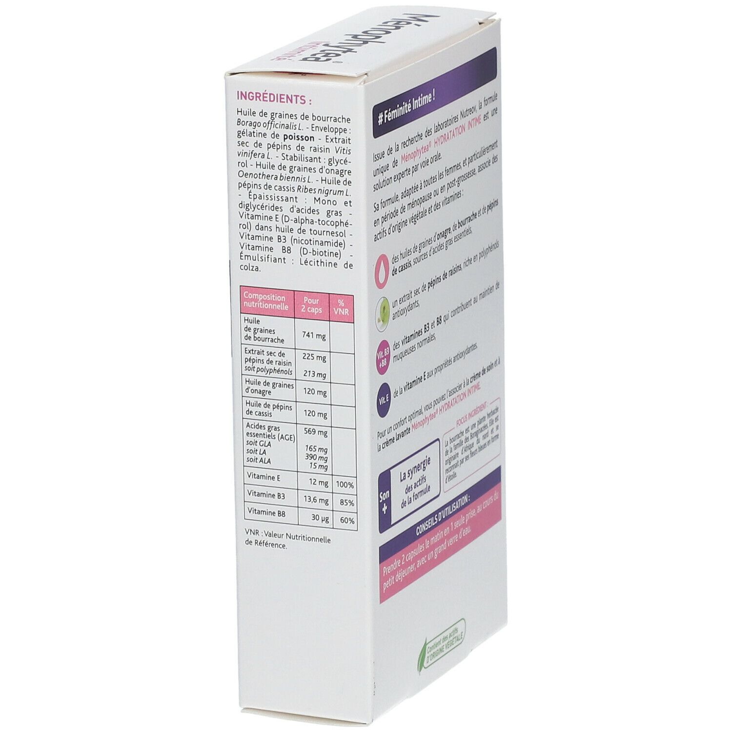 Vue oblique de la boîte Menophytea Intimité Hydratation. Blanc, avec texte et informations. Texte: Ingrédients, valeurs nutritionnelles.
