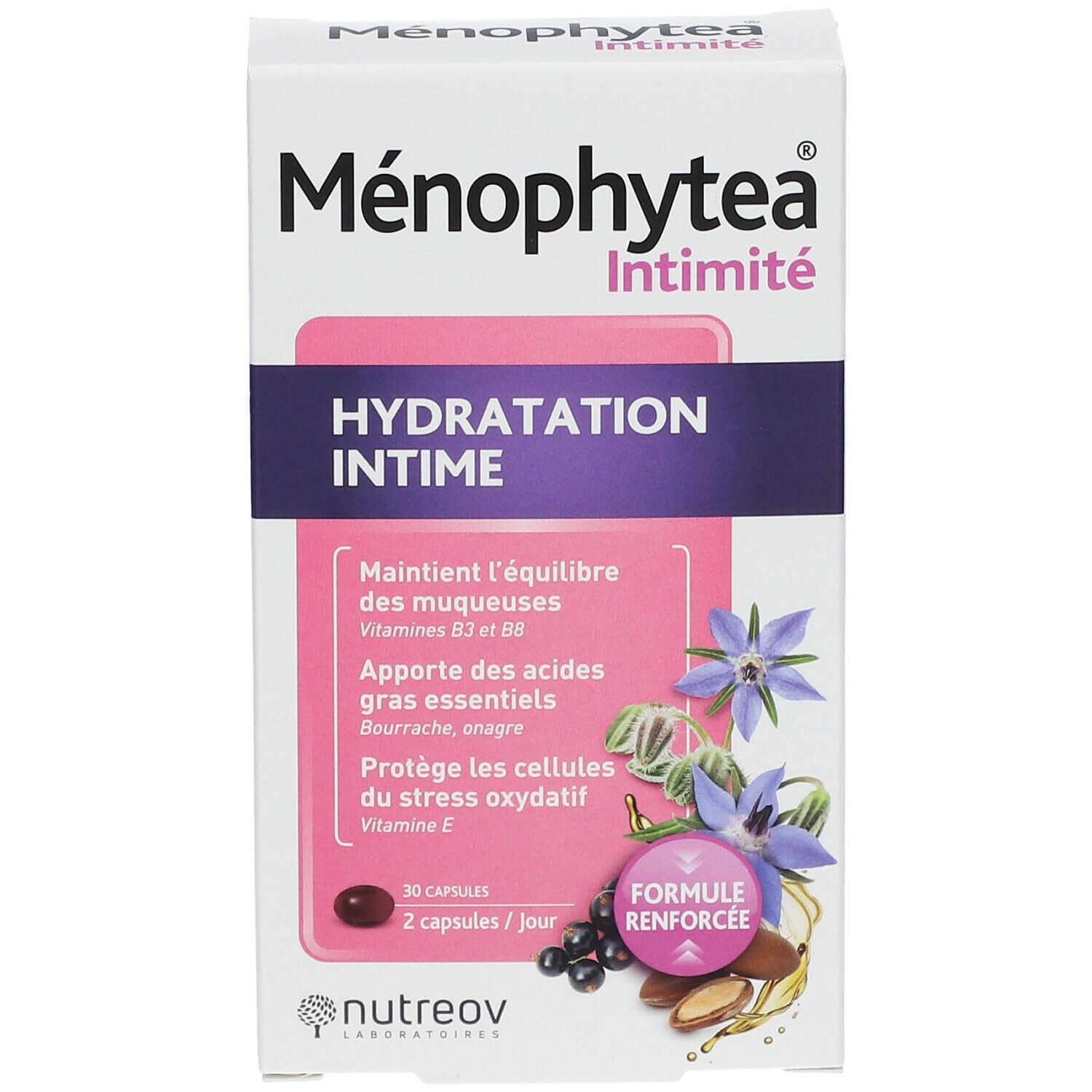 Boîte Menophytea Intimité Hydratation. Blanche, accents roses et violets. Texte: Hydratation Intime, 30 capsules, Formule Renforcée.