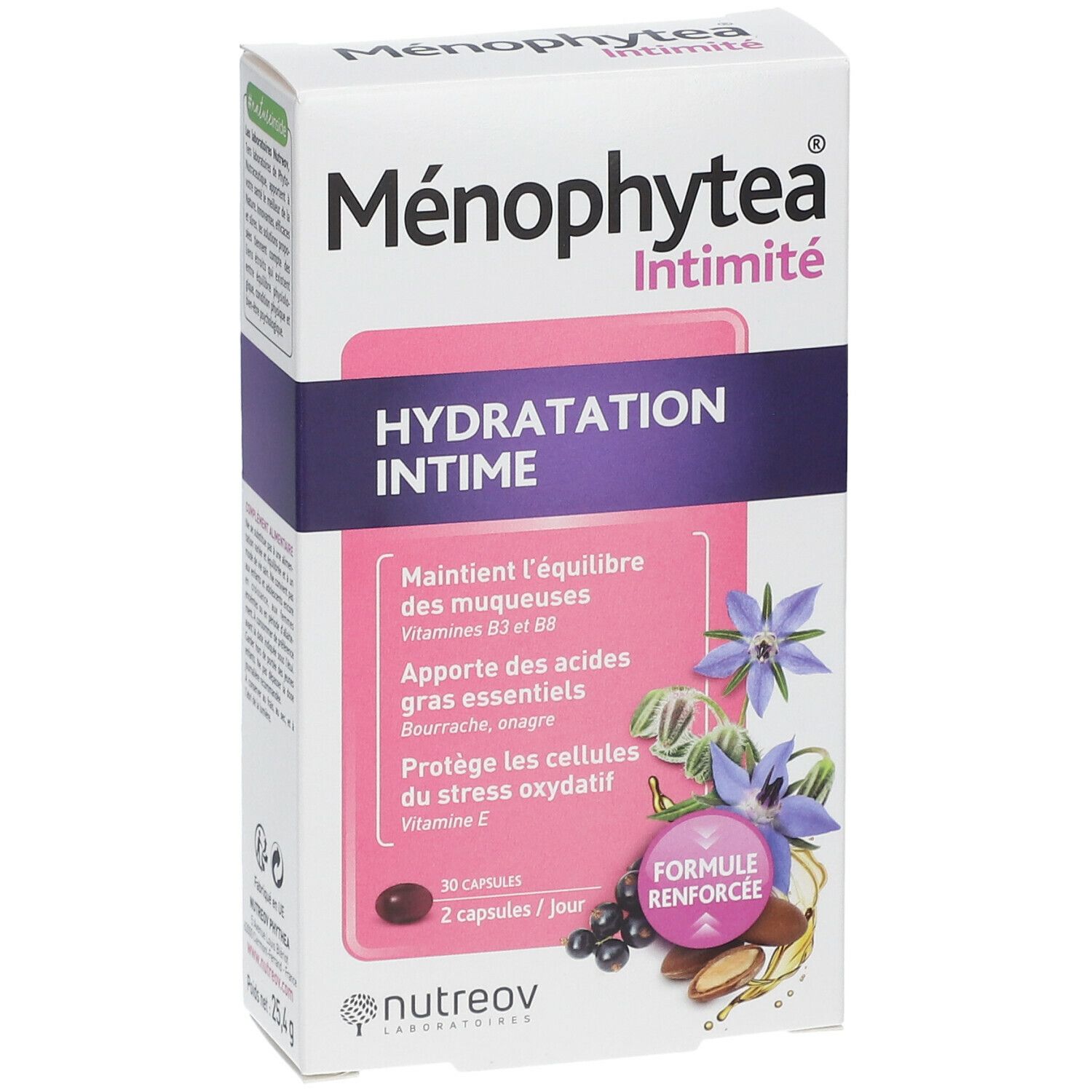 Boîte Menophytea Intimité Hydratation. Blanche, accents roses et violets. Texte: Hydratation Intime, 30 capsules, Formule Renforcée.