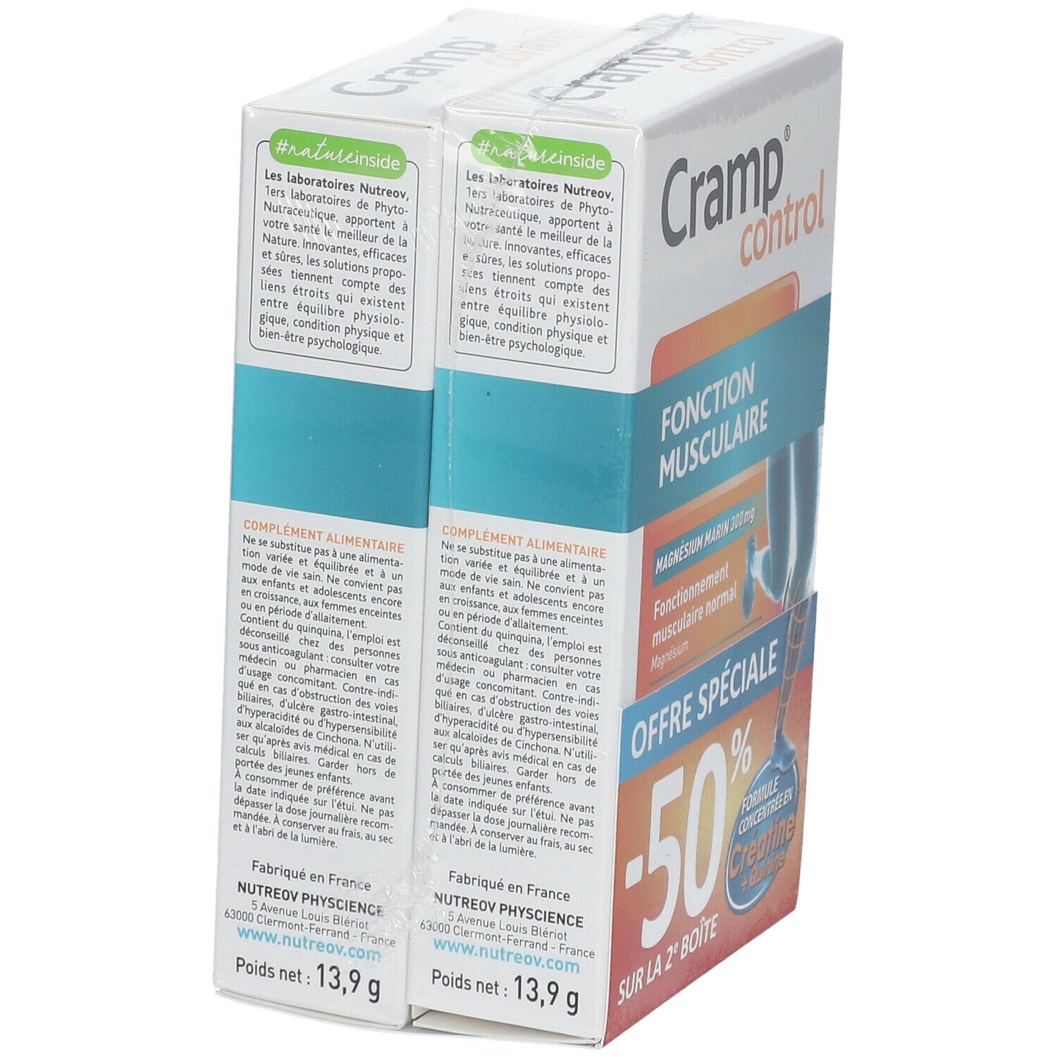 Zwei Packungen Cramp Control. Weiße Verpackung mit grünen und blauen Elementen. Text auf Französisch.