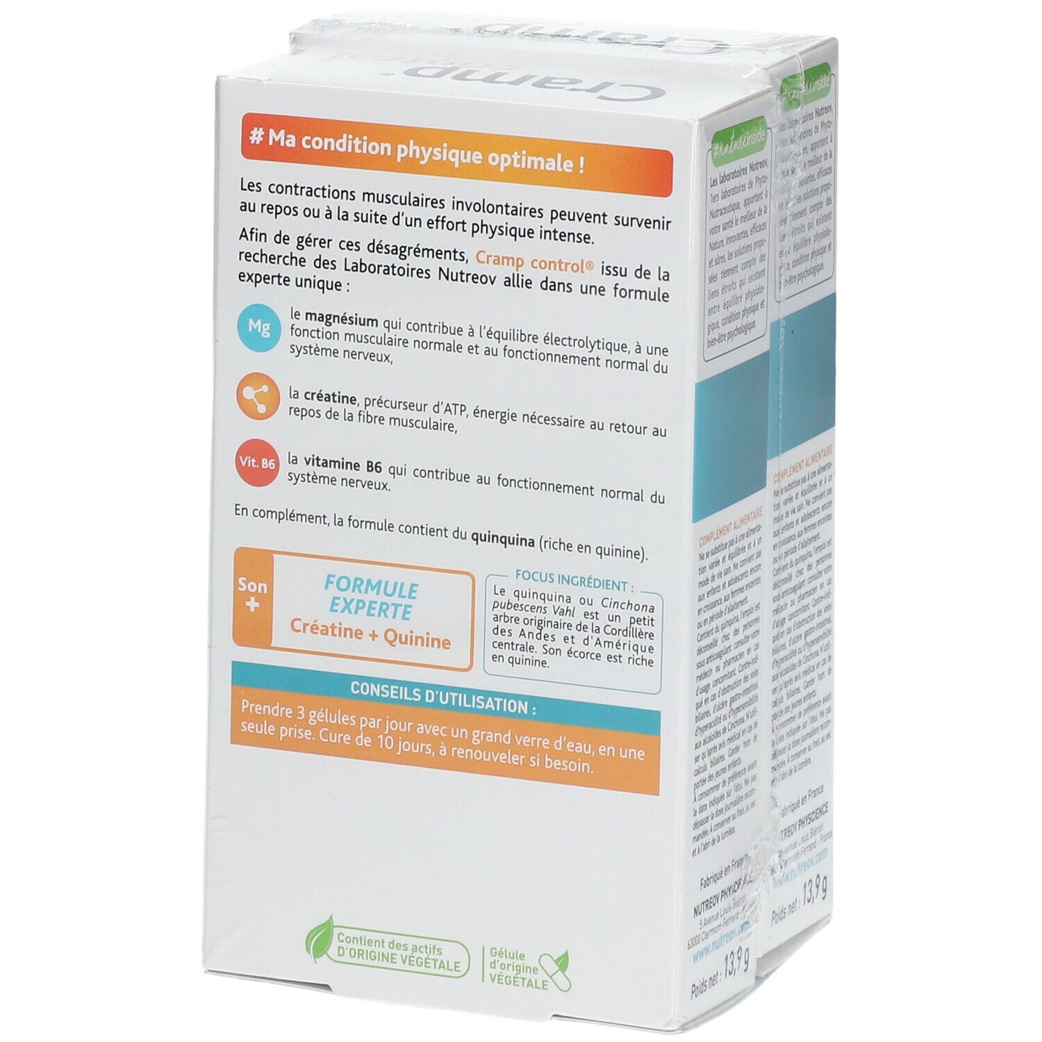 Rückseite von zwei Packungen Cramp Control. Text in Französisch. Enthält Informationen über Inhaltsstoffe und Anwendung.