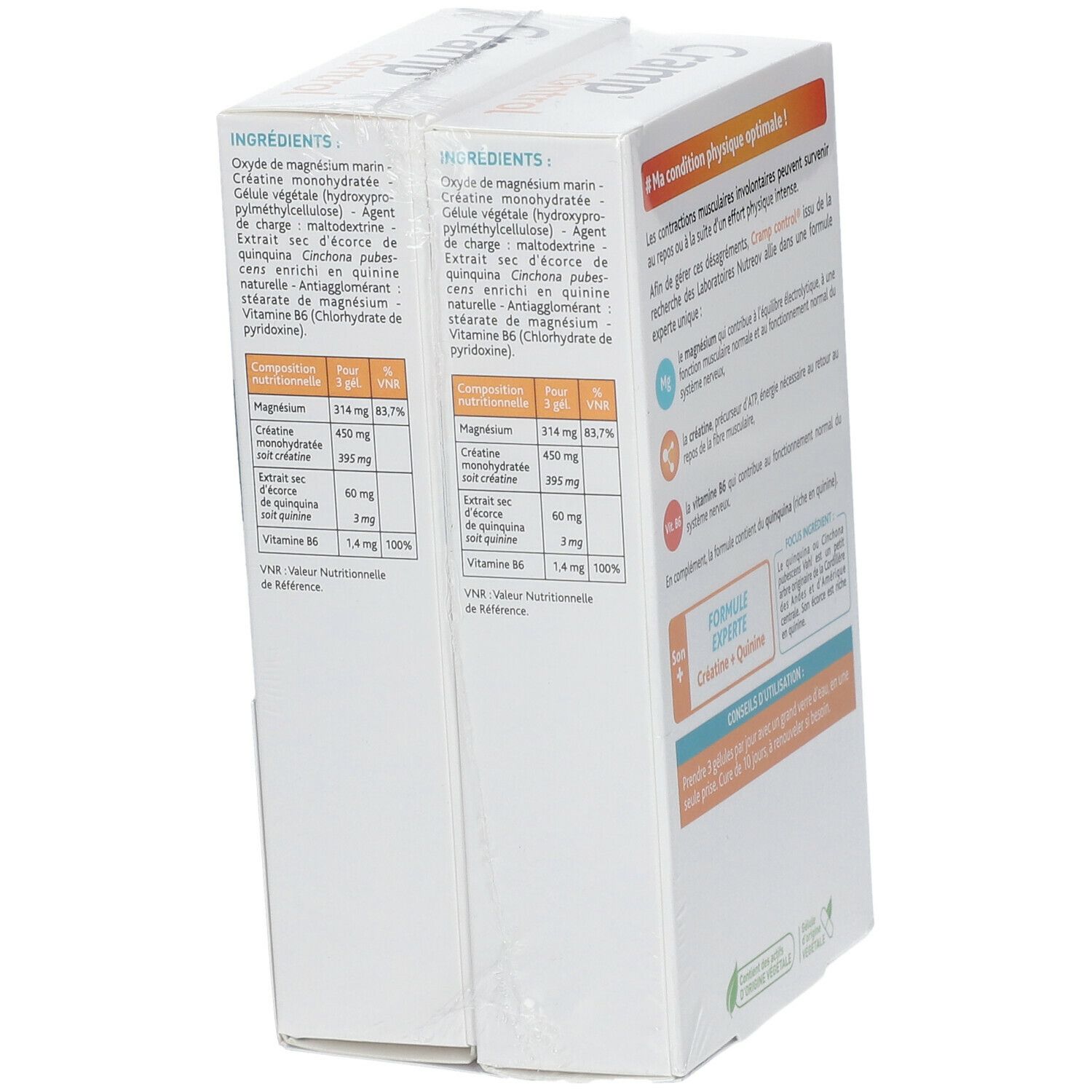 Rückseite von zwei Packungen Cramp Control. Auflistung der Inhaltsstoffe und Nährwertangaben. Text in Französisch.