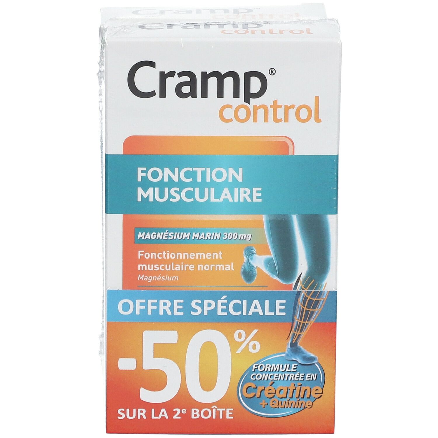 Einzelne Packung Cramp Control. Orangefarbene und blaue Elemente mit Text. Aufdruck: -50% Rabatt auf die zweite Packung.