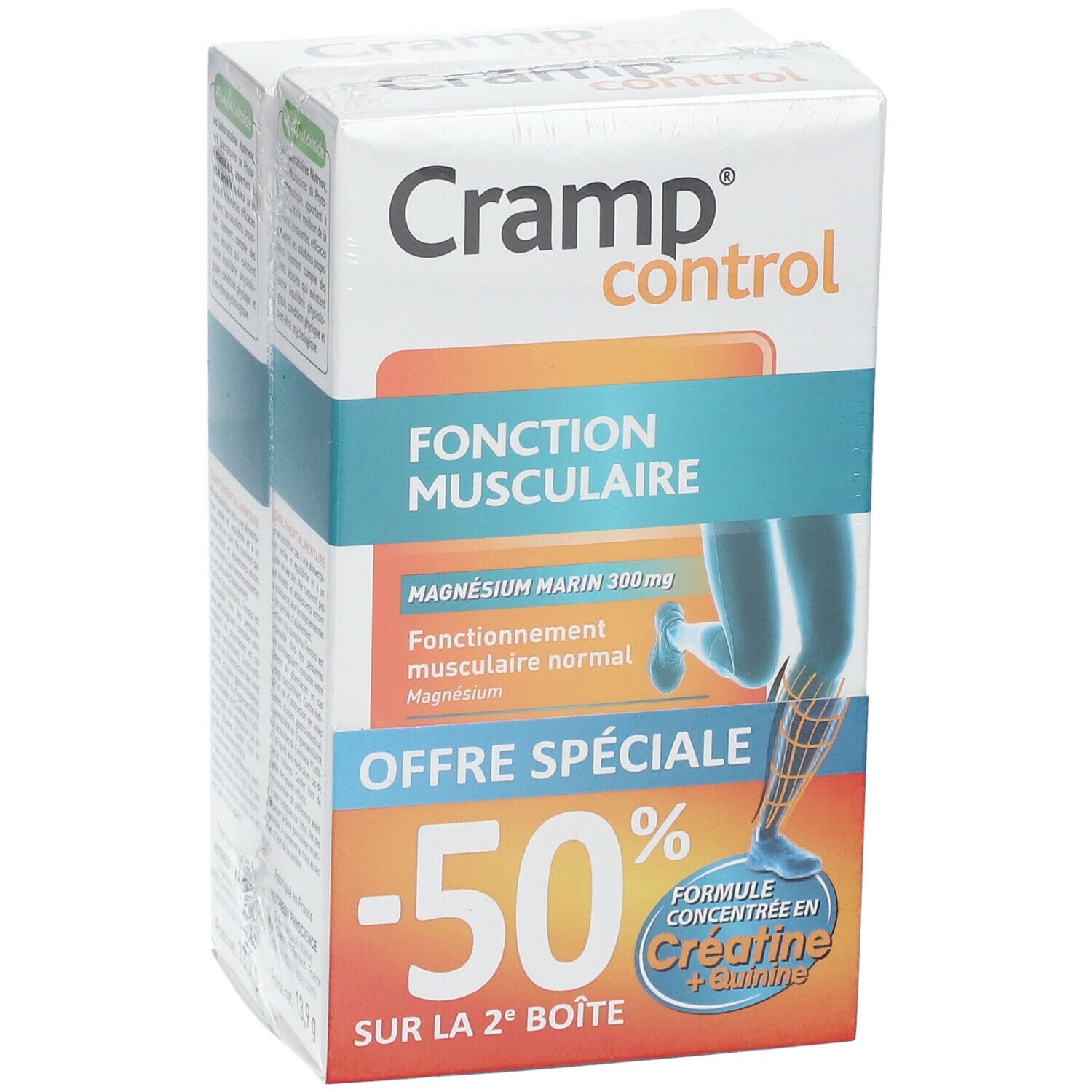 Zwei Packungen Cramp Control. Orangefarbene und blaue Elemente mit Text. Aufdruck: -50% Rabatt auf die zweite Packung.