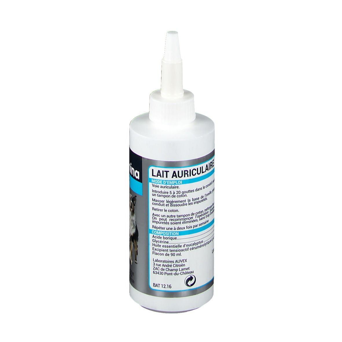Flacon blanc avec applicateur. Étiquette avec nom du produit, logo, texte et image d'animaux.