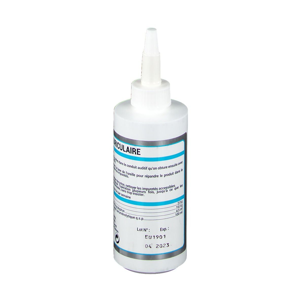 Flacon blanc avec applicateur. Étiquette avec nom, logo, texte et ingrédients.