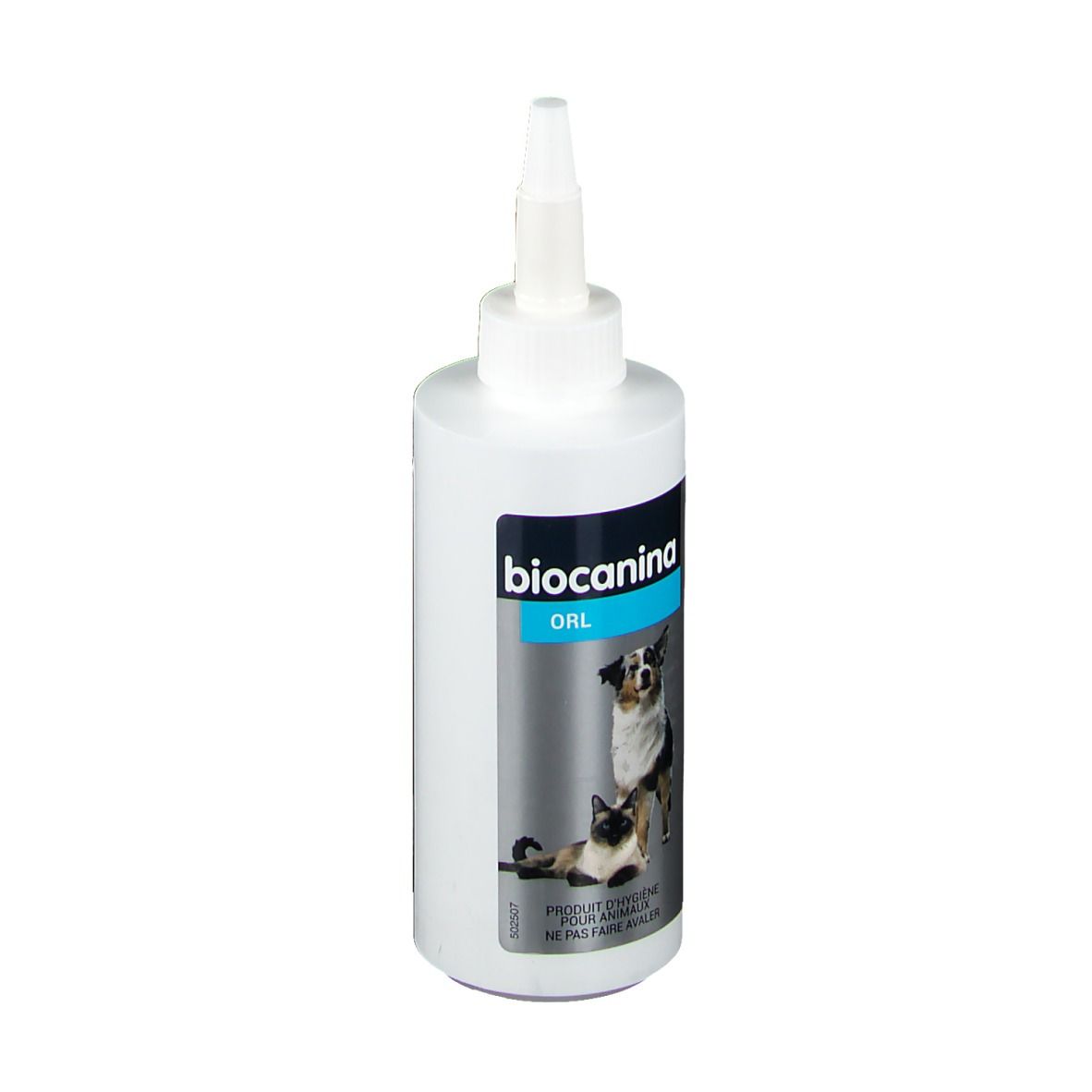 Flacon blanc avec applicateur. Étiquette avec nom du produit, logo et image d'animaux.
