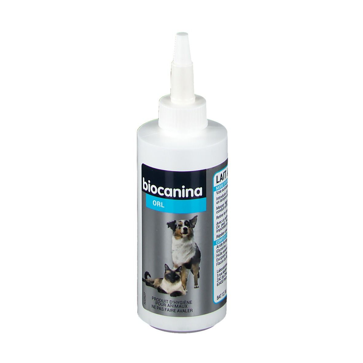 Flacon blanc avec applicateur. Étiquette avec nom du produit, logo, texte et image d'animaux.