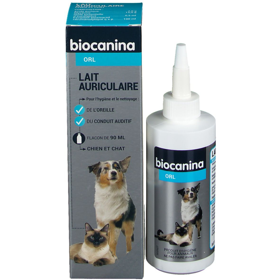 Flacon et boîte. Flacon avec applicateur. Boîte avec nom du produit, logo et image d'animaux.