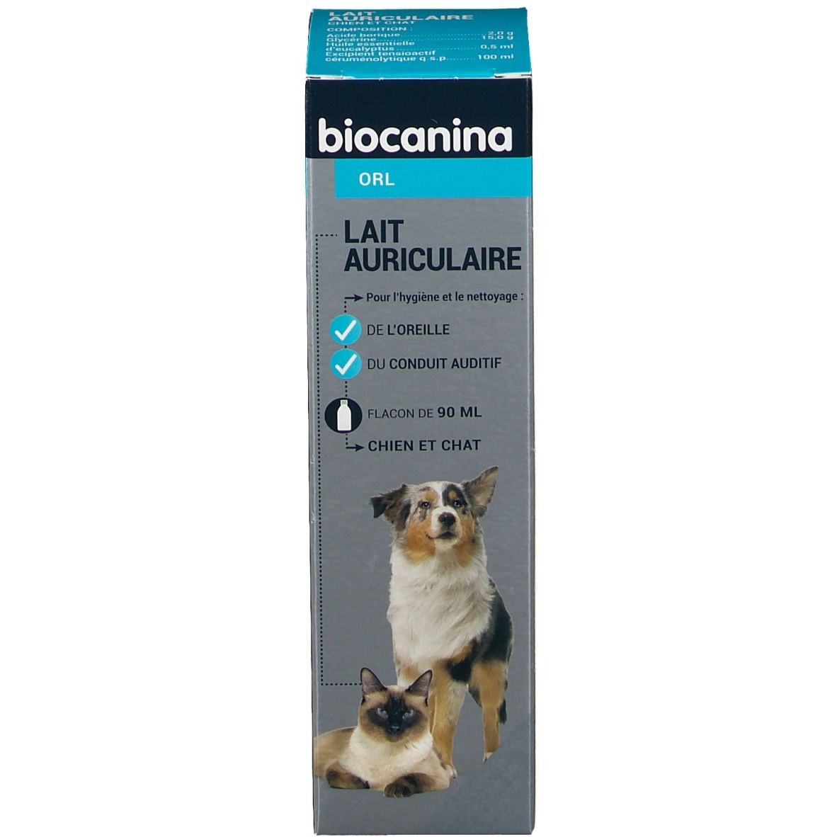 Emballage du produit. Boîte avec nom du produit, logo, texte et image d'animaux.