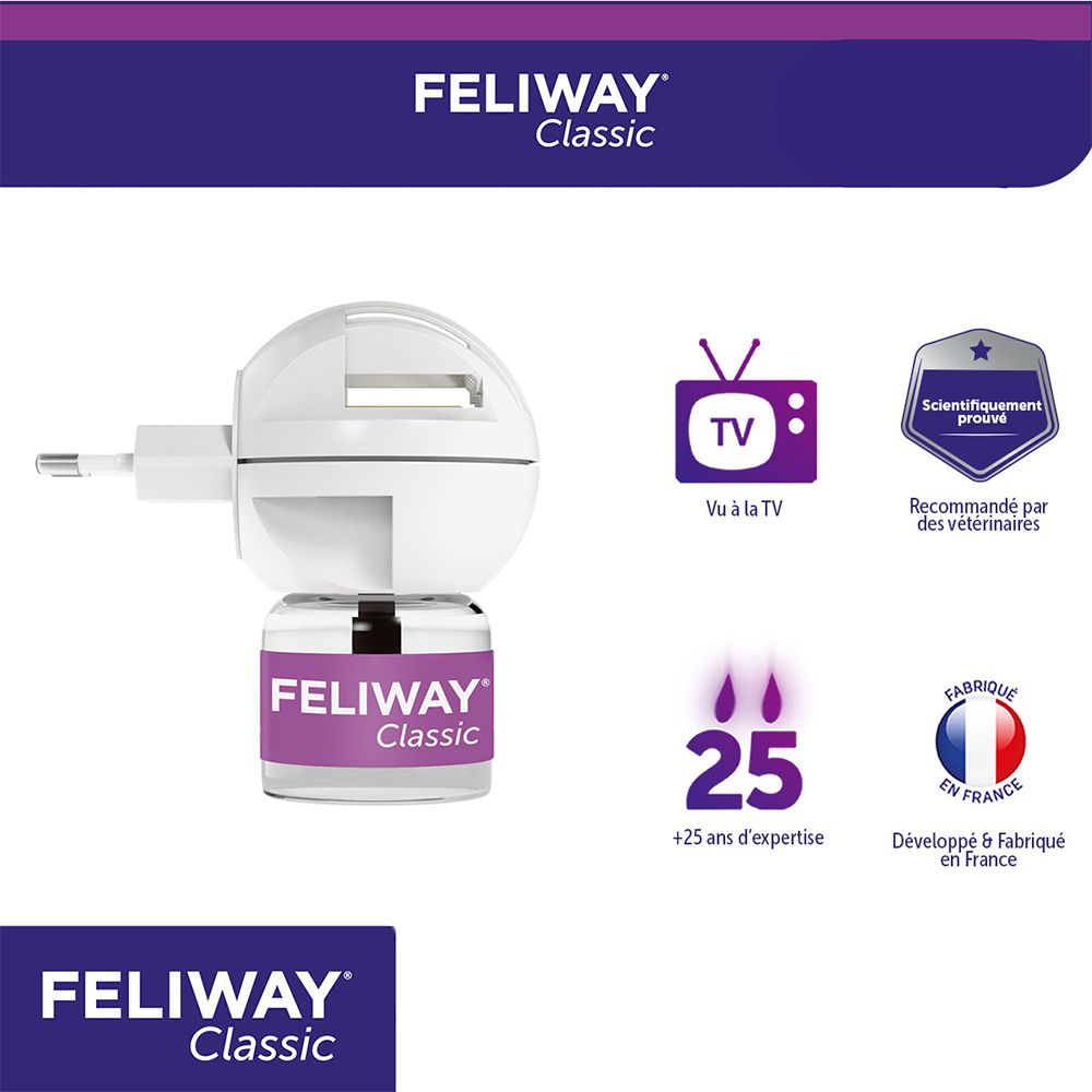 Diffuseur Feliway Classic blanc avec recharge. Logos : TV, scientifiquement prouvé, recommandé par les vétérinaires.