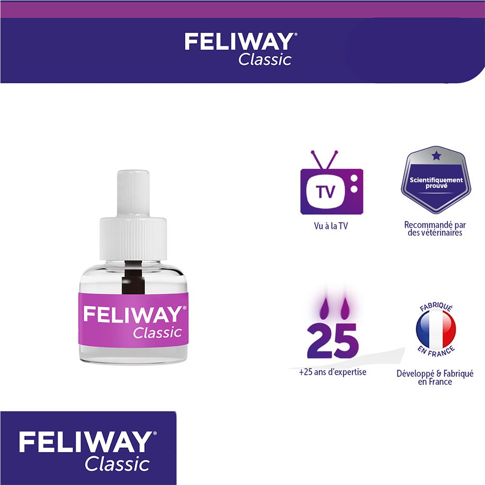 Recharge FELIWAY Classic. Flacon. Texte: FELIWAY Classic. Vu à la TV. Fabriqué en France. Recommandé par des vétérinaires.