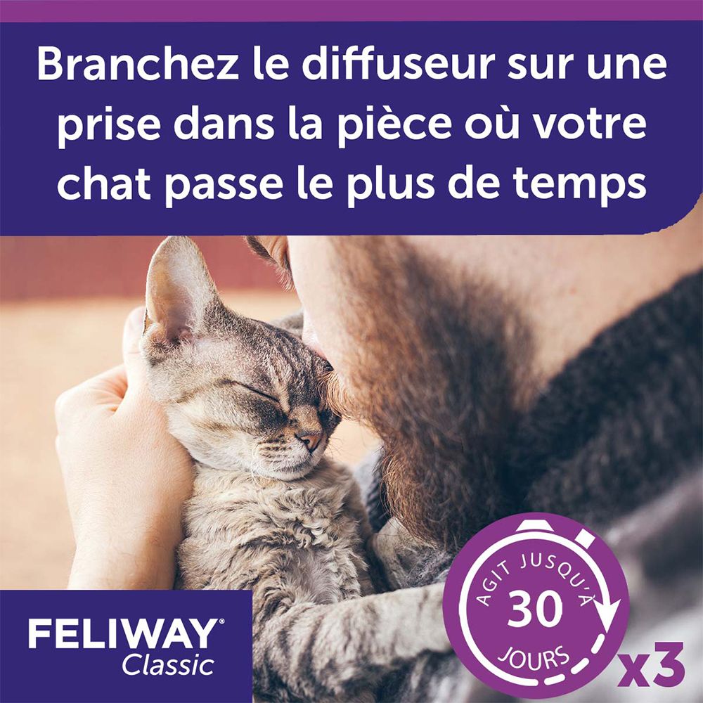 Homme embrassant un chat. Texte: Agit jusqu'à 30 jours. FELIWAY Classic.