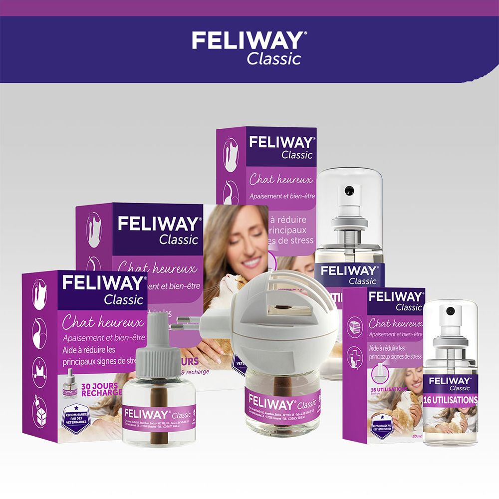 Différents produits FELIWAY Classic. Flacons, boîtes et diffuseurs.