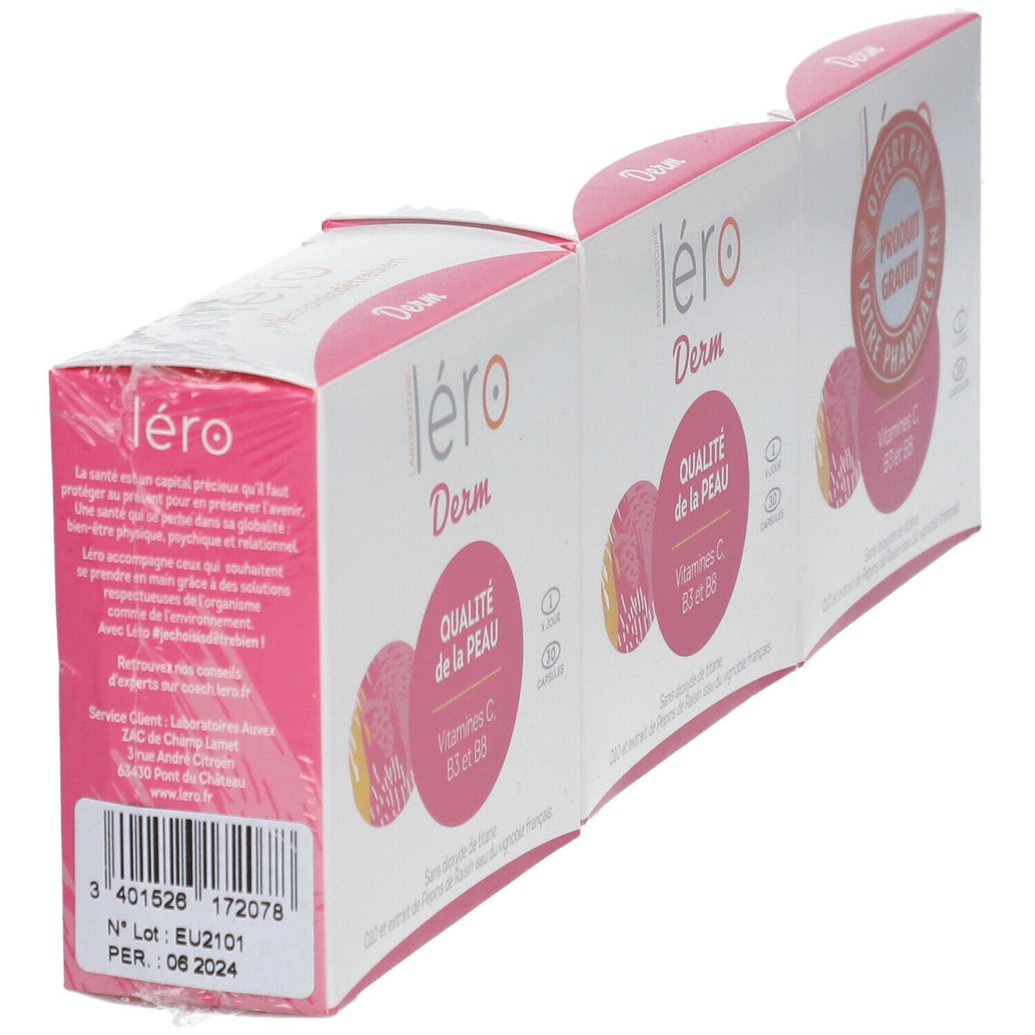 Emballage Léro Derm, blanc et rose. Inscription : Qualité de la Peau, Vitamines C, B3 et B6. Informations produit et code-barres.
