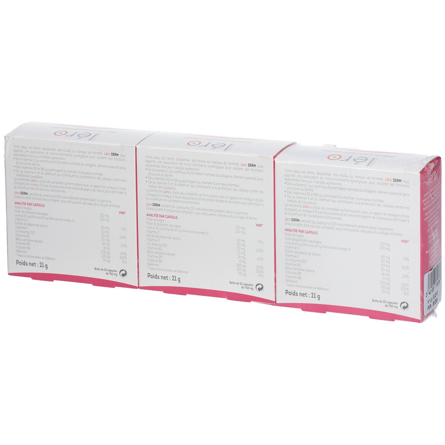 Dos de trois boîtes Léro Derm. Inscription : ingrédients et informations nutritionnelles. Poids : 21g.