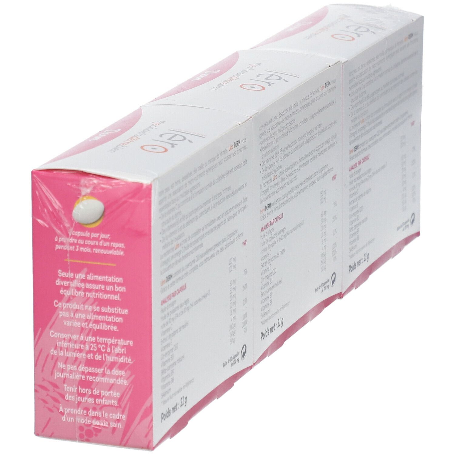Dos de deux boîtes Léro Derm. Inscription : informations produit, ingrédients et informations nutritionnelles. Poids : 21g.