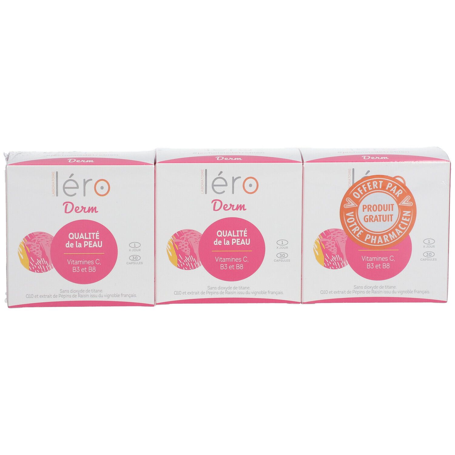 Trois boîtes Léro Derm, blanches et roses. Inscription : Qualité de la Peau, Vitamines C, B3 et B6. Autocollant produit gratuit.