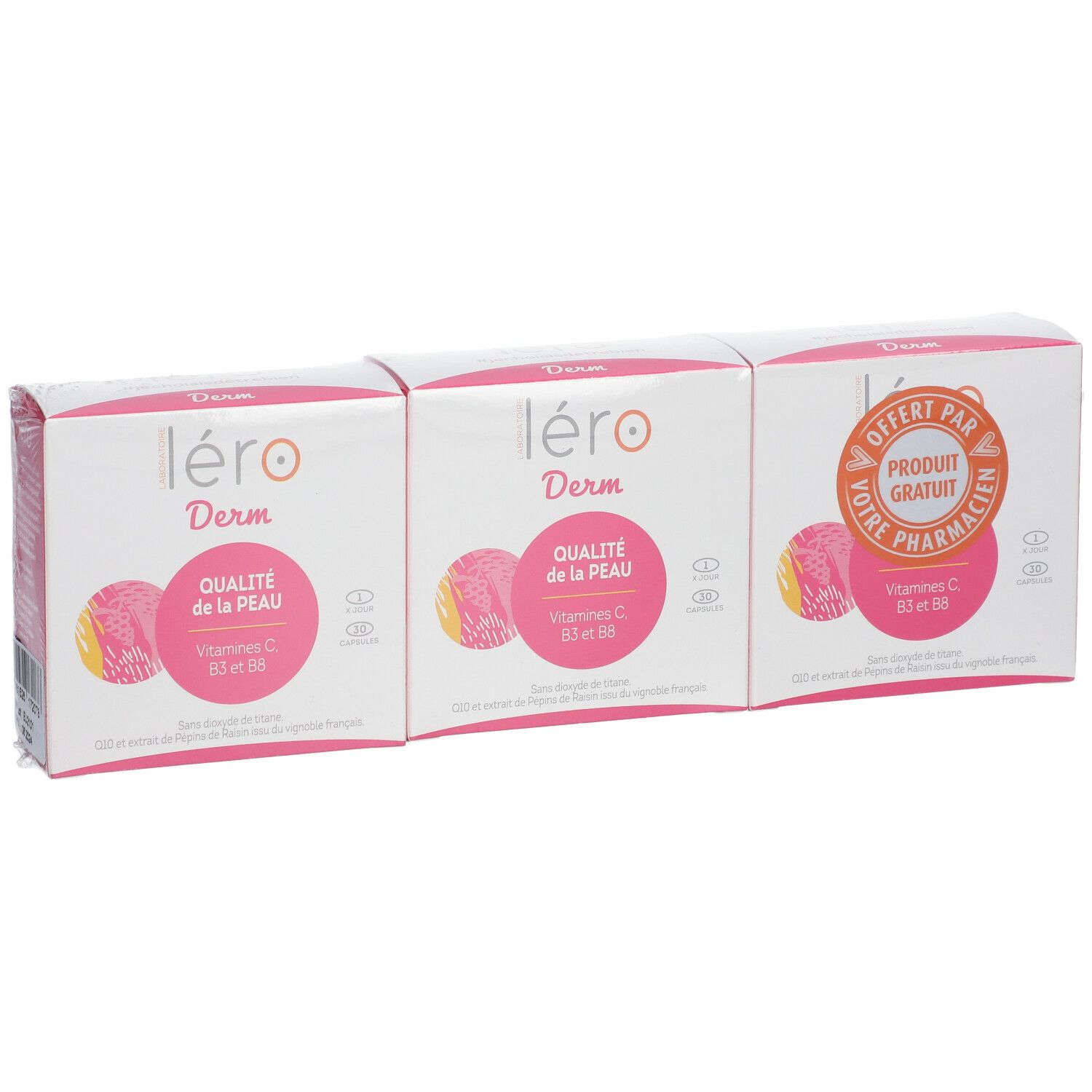 Trois boîtes Léro Derm, blanches et roses. Inscription : Qualité de la Peau, Vitamines C, B3 et B6. Autocollant produit gratuit.