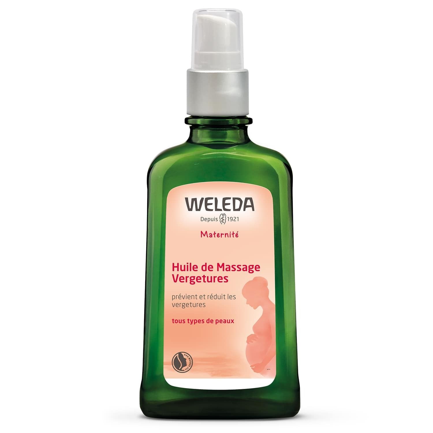 Flacon en verre vert avec vaporisateur. Inscription: WELEDA, Maternité, Huile de Massage Vergetures. Silhouette femme enceinte.
